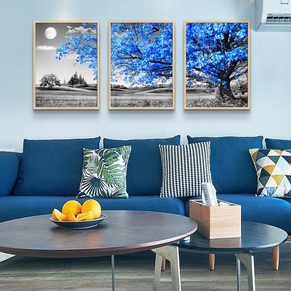 Natural Wood Framed Wall Art For Living Room Wall Decoration For Bedroom Black And White Wall Pictures Large Size Wall Decor Blu