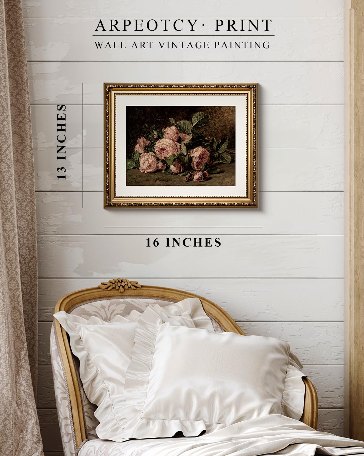 Arpeotcy Still Life Gold Framed Wall Art, Retro Pink Roses Canvas Prints Artwork With Antique Frame, Victorian Wall Paintings De