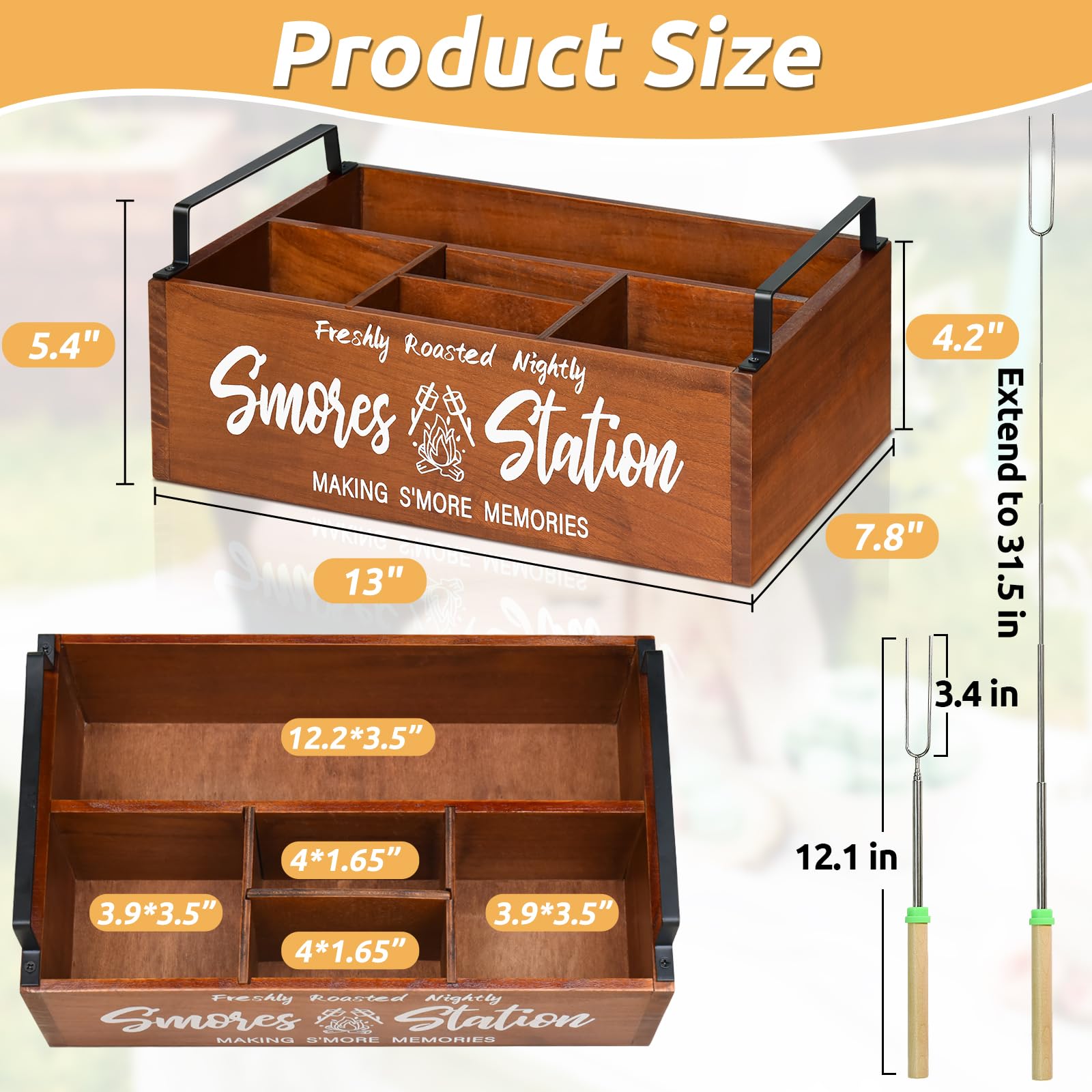 Wooden S mores Station, S mores Caddy Bar Holder with Handles for Counter, Farmhouse Smores Serving Tray for Kitchen, Smores Mak