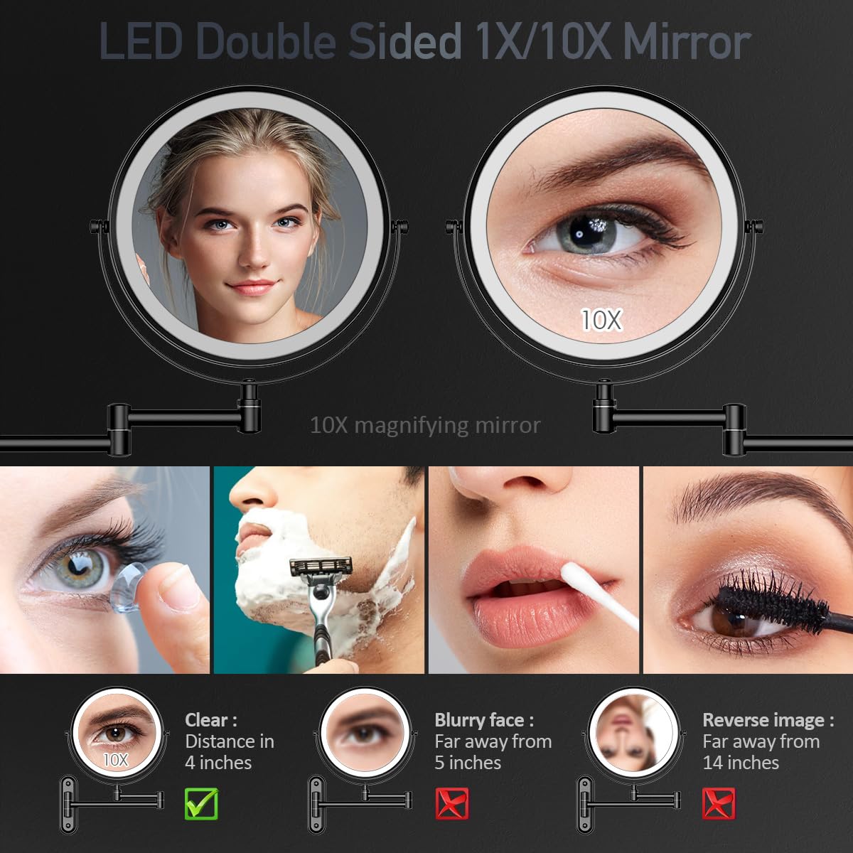 Rocollos Rechargeable Lighted Wall Mounted Makeup Mirror With 3 Color Lights,Dimmable Touch Screen,8 Inch Led Double Sided 1X/10