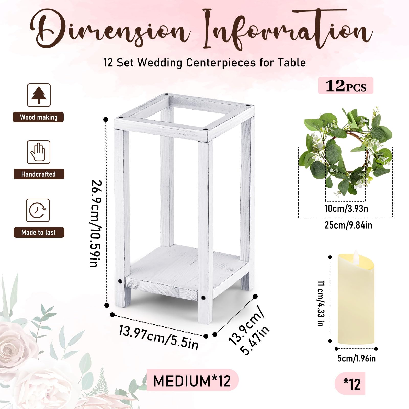 Geelin 12 Set 10.59   White Wooden Lanterns for Wedding Centerpieces Include 12 Wooden Lantern 12 LED Candle 12 Eucalyptus Leave