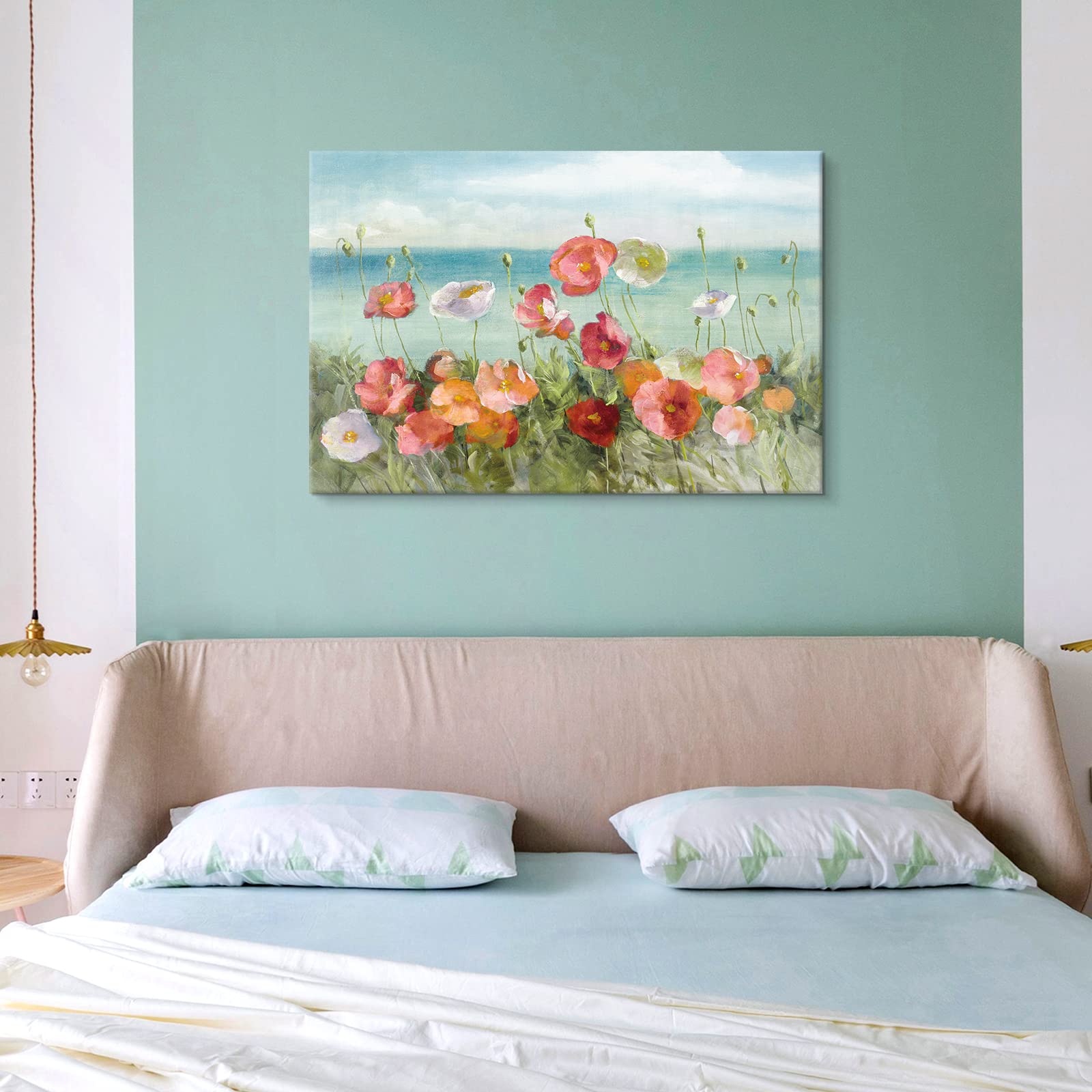 Goldfoilart Beach Colorful Flower Canvas Paintings Poppies Wall Art Pictures Bloosom Floral Framed Artwork Prints Modern Landsca