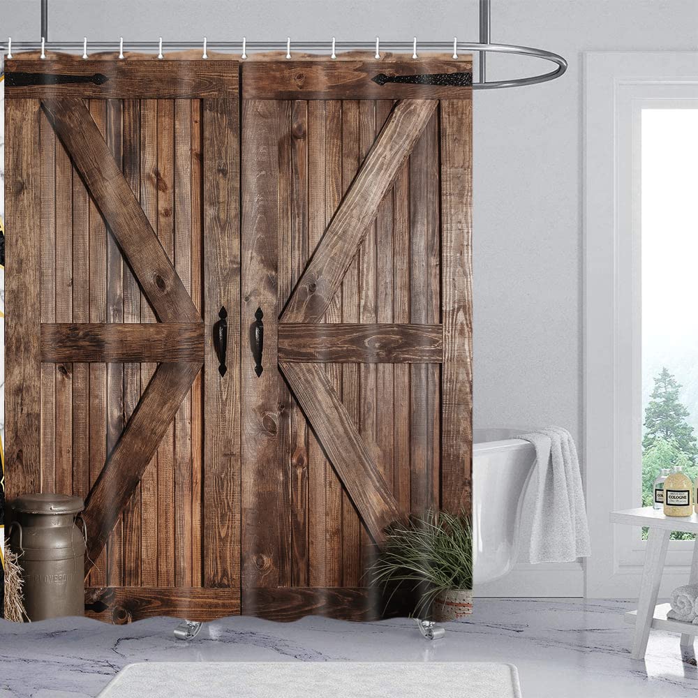 Rustic Barn Door Shower Curtain Set For Bathroom Farmhouse Bath Arts Decor Curtains Jipusai Vintage Countryside Wood Board Plank