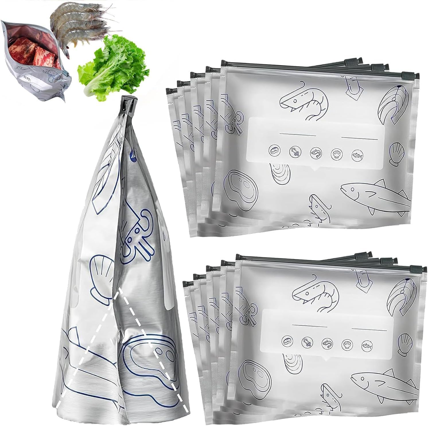 Skodinax Reusable Aluminium Foil Zip Lock Storage Bags, Food Grade, Freezer Safe, StandUp Pouches For Meat, Vegetables & Fruits