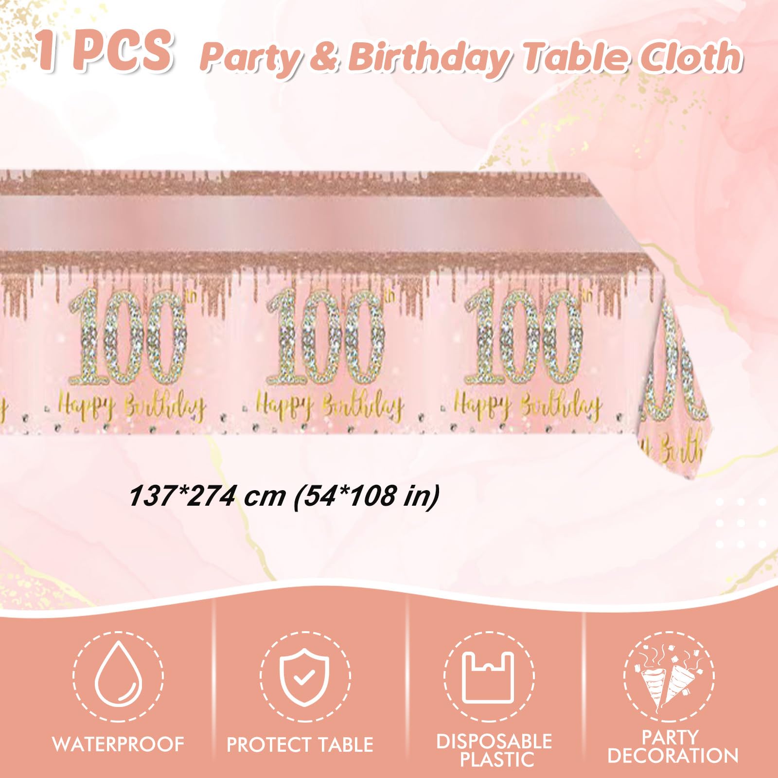 41Pcs 100Th Birthday Decorations, Rose Gold Birthday Party Supplies Include 20Pcs Plates 20Pcs Napkins And 1Piece Tablecloth, Sw
