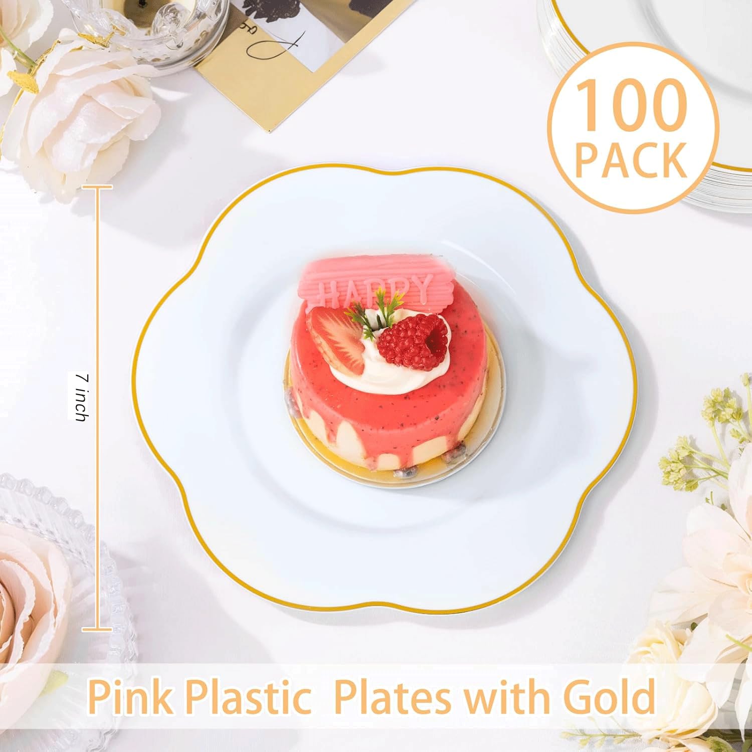 Liacere 100PCS White and Gold Dessert Plates- Disposable 7inch Floral Appetizer Cake Small Plates, Perfect for Wedding & Party &