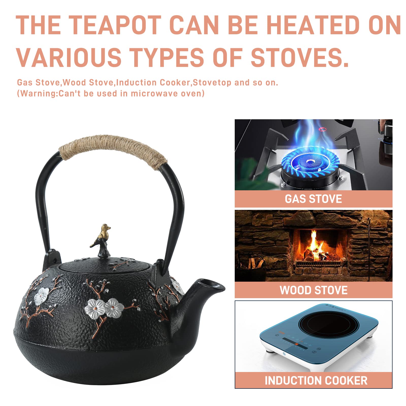 Sechudo Tea Set Tea Kettle Japanese Style Beautiful Black Cast Iron Teapot Set With 4 Cups,1 Trivet And 1 Lid Holder,40.6Oz Teap