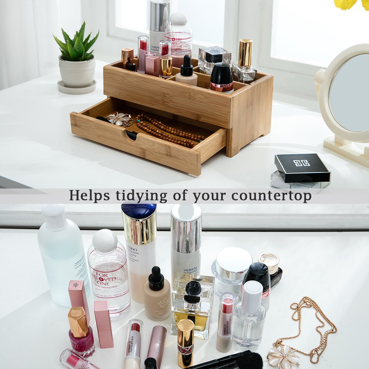 GOBAM Bamboo Makeup Organizer - Large Natural Wooden Storage with Drawer for Bathroom, Bedroom, Vanity & Dresser - Model 102
