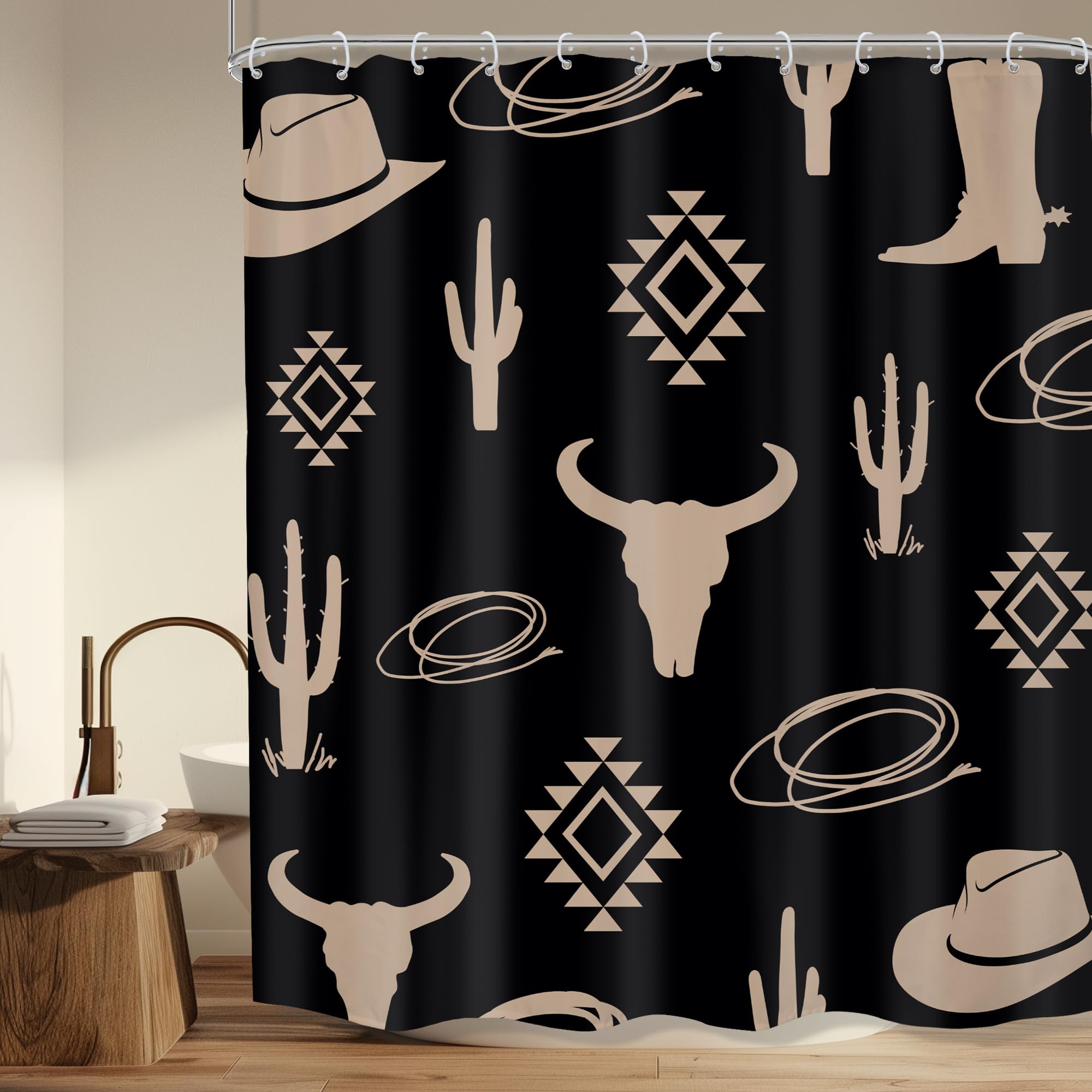 Mitpok Boho Western Bull Skull Shower Curtain 60Wx72H Farmhouse Retro Cow Head Desert Longhorn Black Cactus Southwestern Vintage