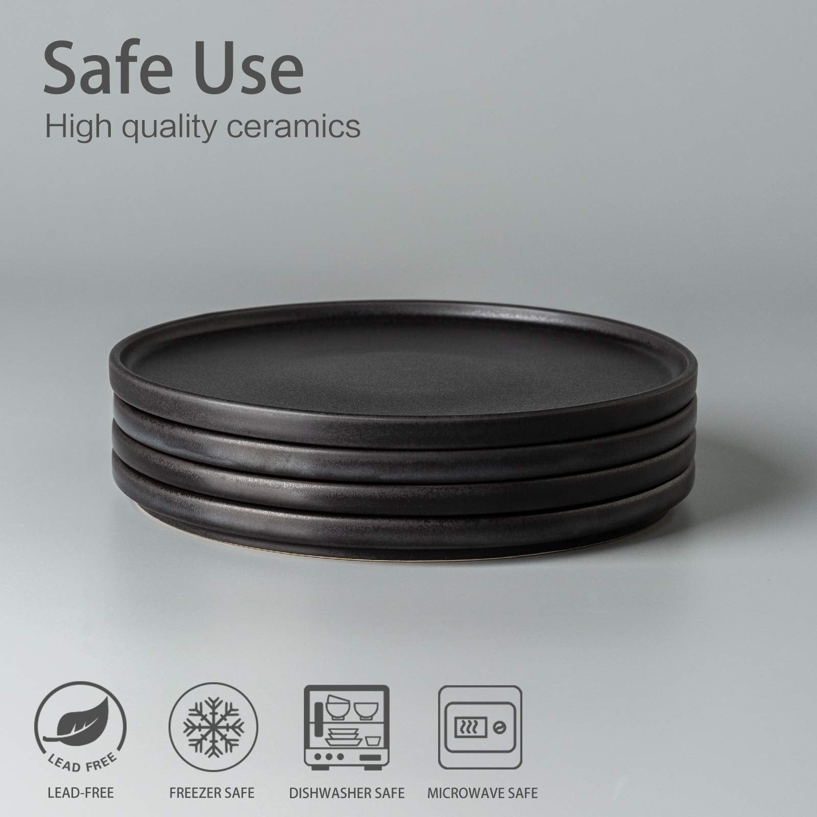 AmorArc Ceramic Dinner Salad Plates Set of 4  8.0 Inch Reactive Matte Glaze Dish Set  Dessert  Salad  Appetizer  Small Dinner Plate  Microwave  Dishwasher Safe Scratch Resistant Reactive Matte Black