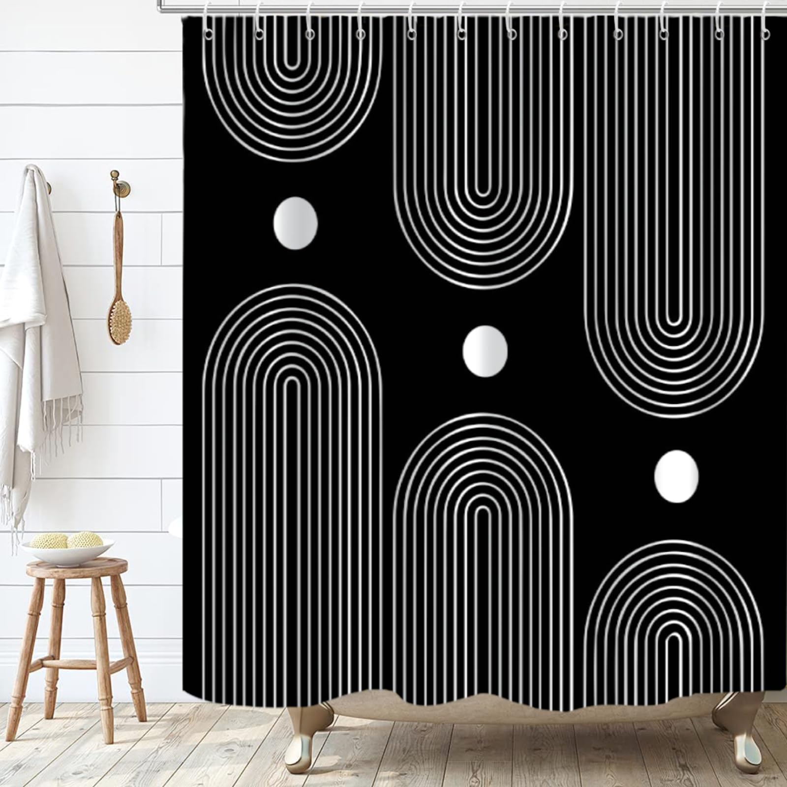 GKLEASG Black and White Shower Curtain  Boho Minimalist Mid Century Modern Arch Geometric Machine Washable Waterproof Fabric for Bathroom Bathtub Decor with Hooks 60Wx72H