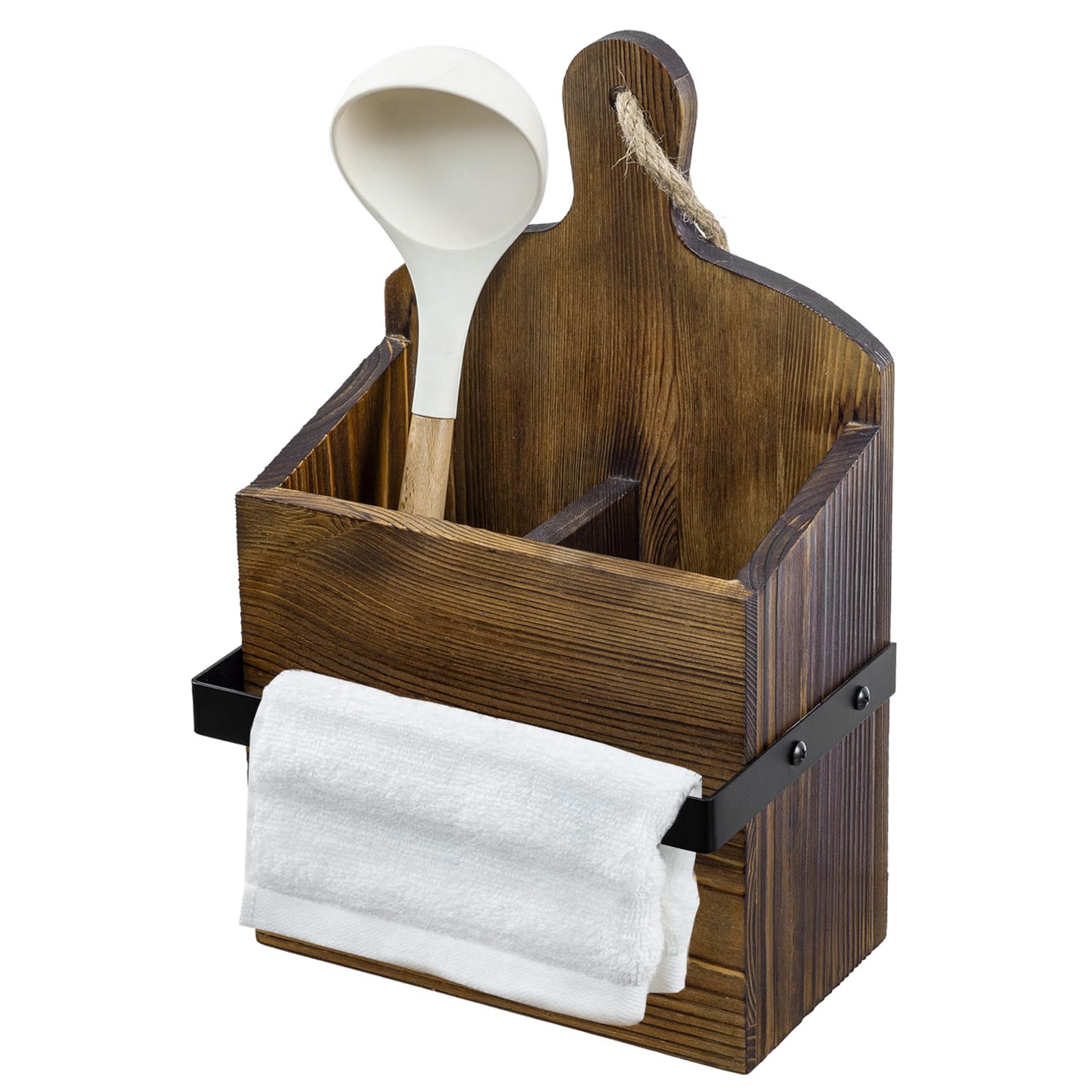 MyGift Rustic Wall Mounted Solid Wood Utensil Holder with Towel Bar  Cutting Board Style Kitchen Organizer Rack for Cooking Too