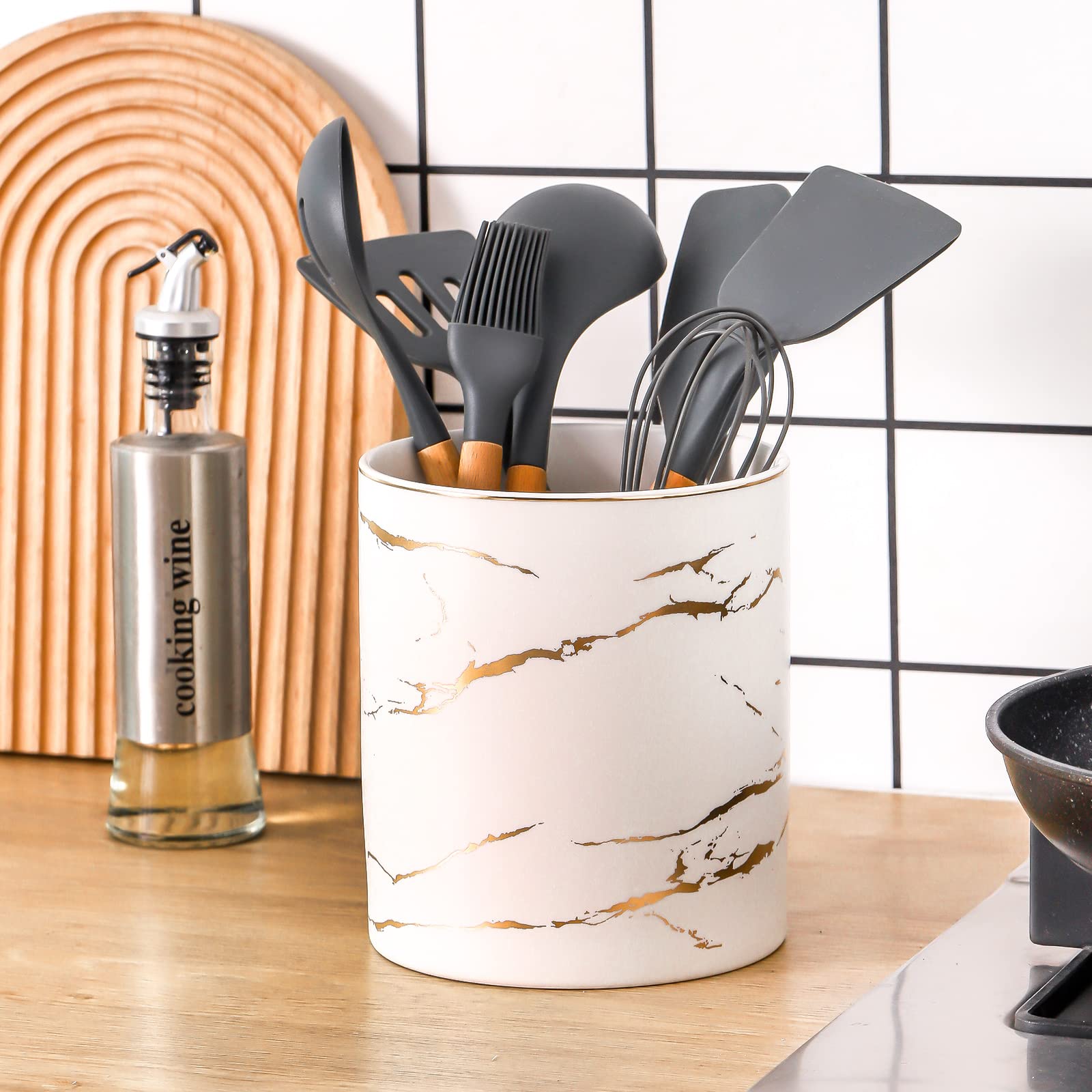 Howise 7'' Marble Utensil Holder, Large Kitchen Utensil Holder Organizer For Kitchen Counter, Golden Marble White Stable Utensil