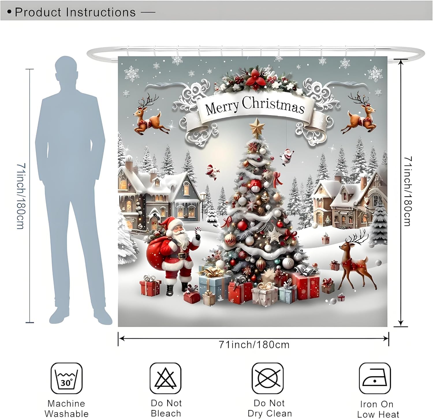 CALMDR Merry Christmas Shower Curtain Set,Santa Claus Elk Snowflake Xmas Tree Winter Snowy Scenery Washable Durable Fabric,72X72