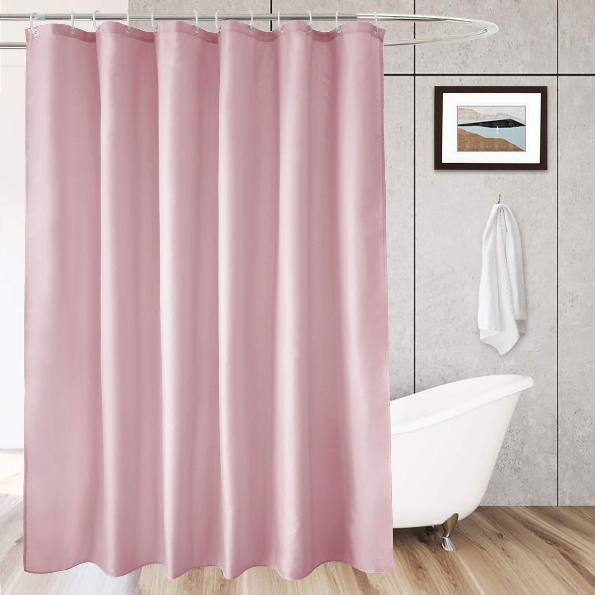 Aoohome Solid Pink Shower Curtain, Fabric Weighted Hem Shower Liner With Hooks, Reinforced Metal Grommets, Waterproof, 72X75 Inc