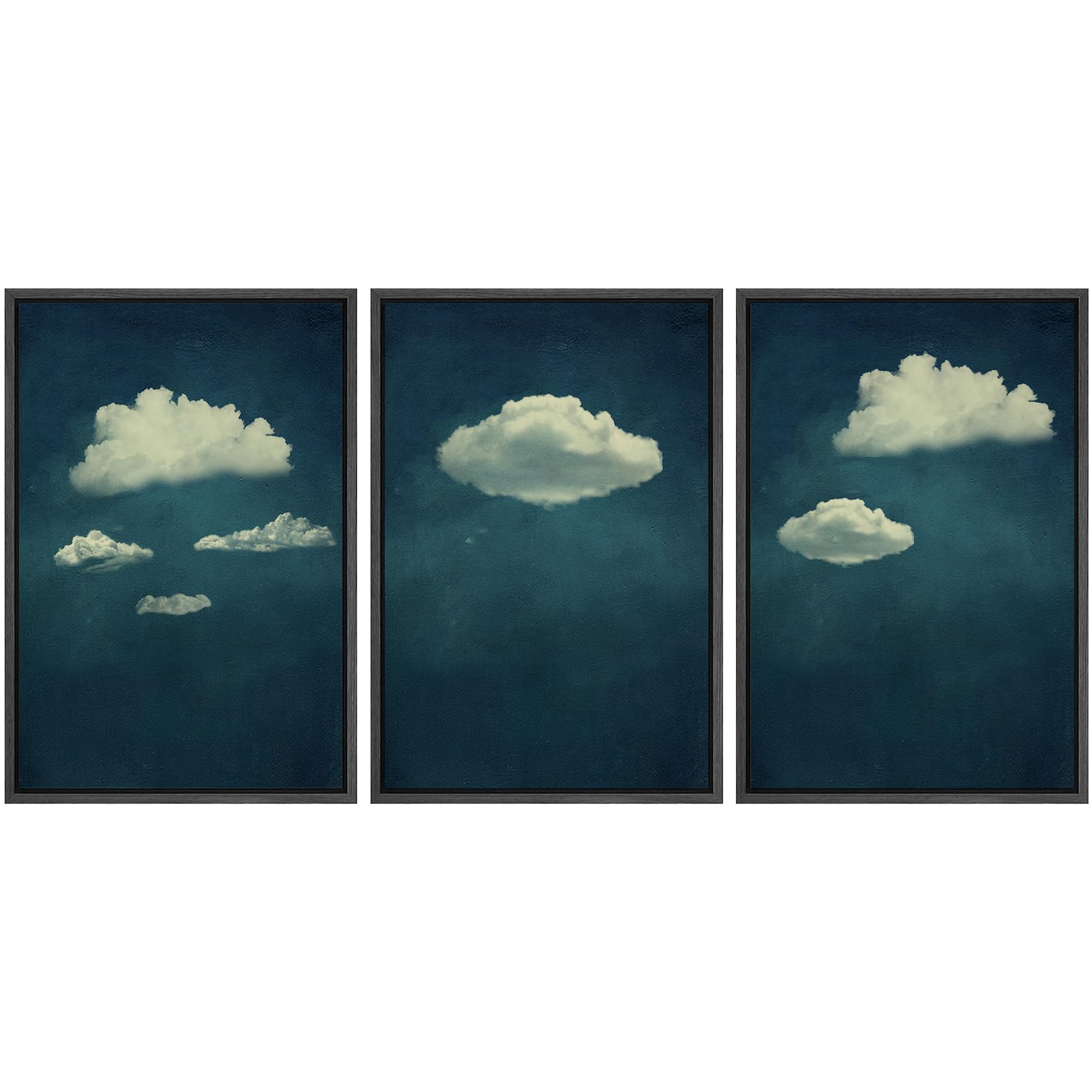 SIGNWIN 3 Piece Framed Canvas Wall Art A Series of White Clouds in The Blue Sky Nature Wilderness Illustrations Abstract Traditional Home Artwork Decoration for Living Room Bedroom - 16''x24''x3 Black