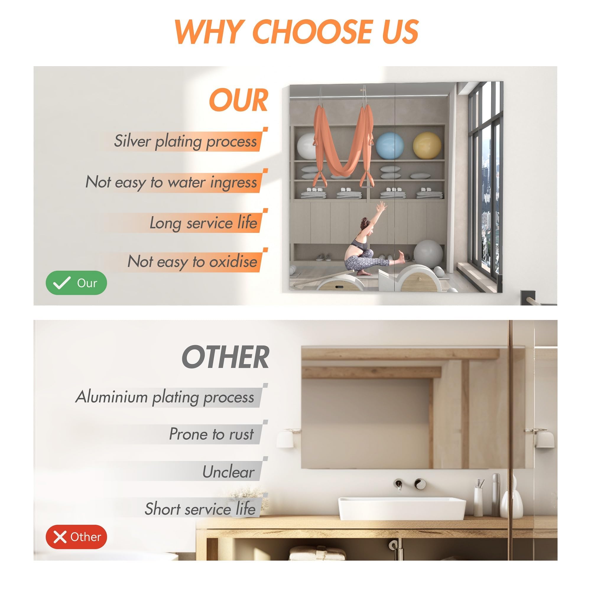 Hasipu Frameless Mirror 48 X 30 Inch, Wall Mounted Mirror, Home Gym Mirror Large, Workout Mirror, Yoga Gym Mirror, Dance Studio