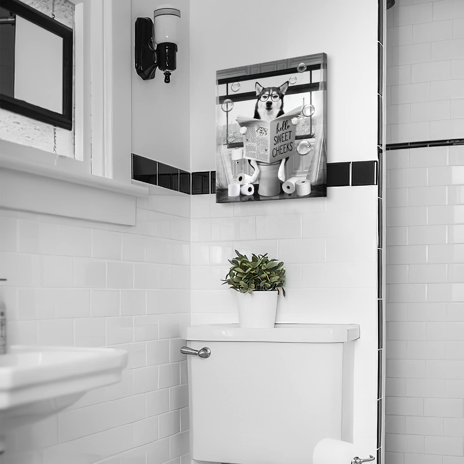 Funny Husky Dog Wall Art Black And White Dog Bathroom Print Farmhouse Bathroom Animals Wall Decor Dog Sitting In Toilet Reading