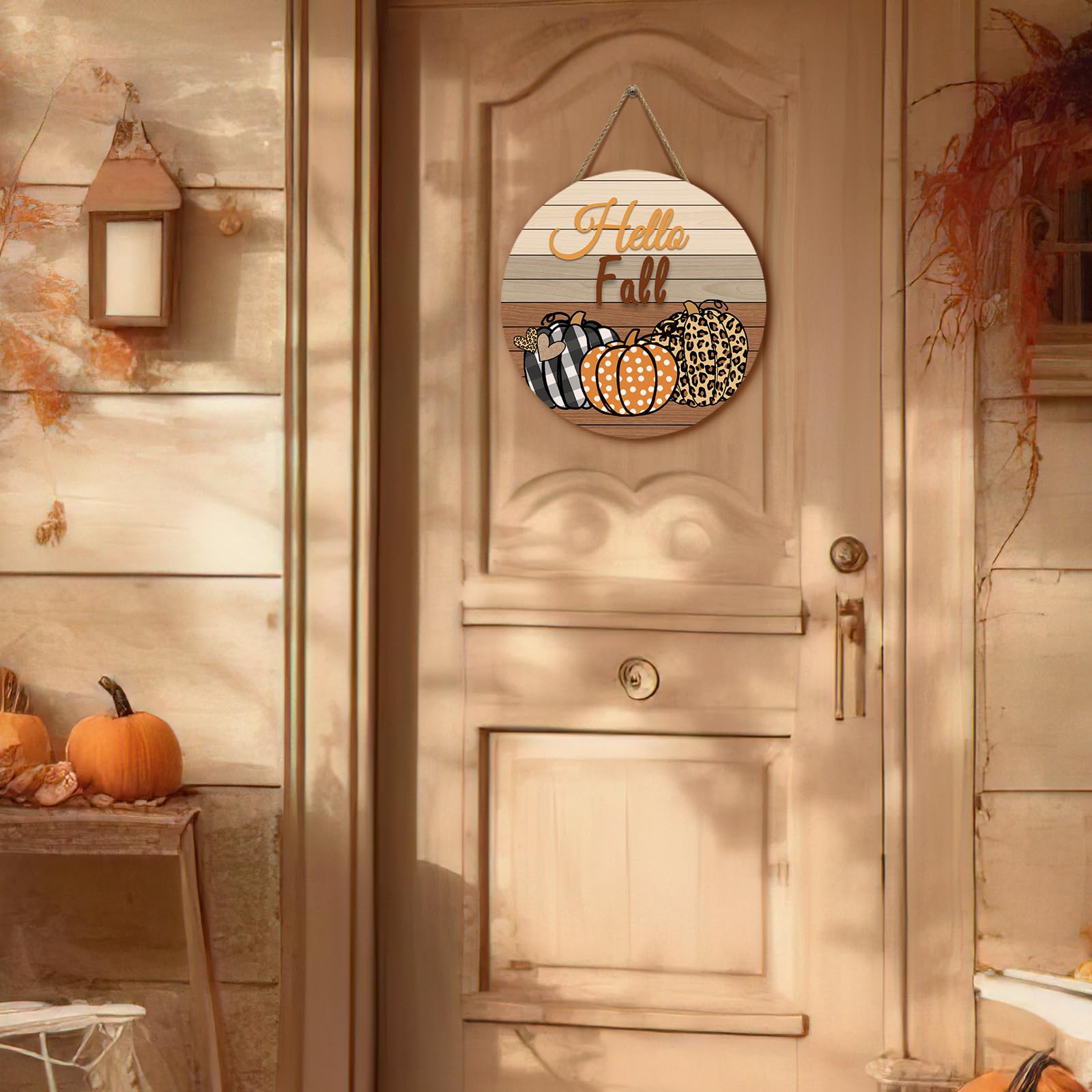 Dacawin Hello Fall Pumpkin Wooden Door Signs Autumn Harvest Sign Front Door Decor Plaid Pumpkin Farmhouse Door Hanger Decoration