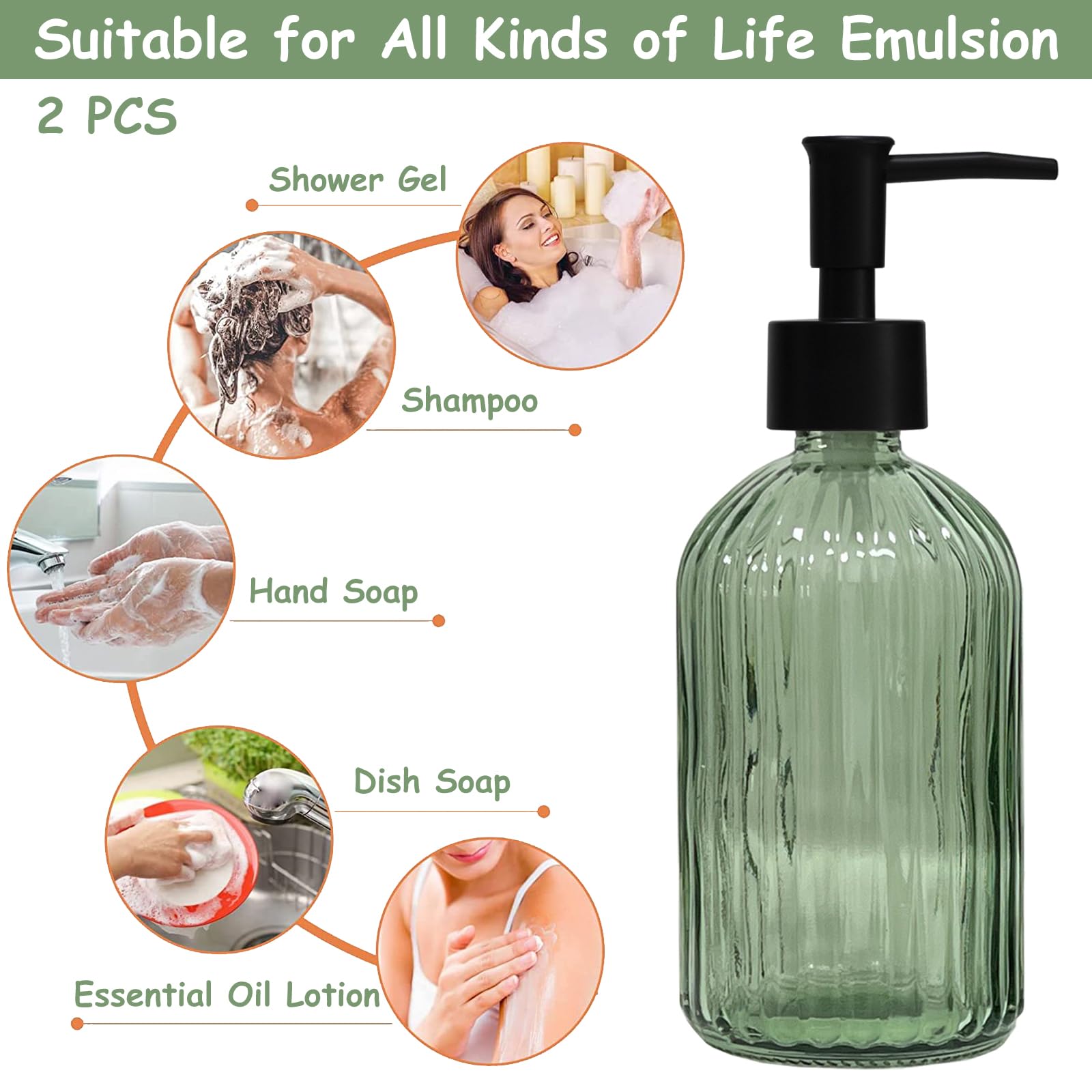 Green Glass Soap Dispenser Set With Black Pump, 13.5Oz Refillable Liquid Hand Soap Dispenser, Lotion Dish Soap Dispenser For Mod