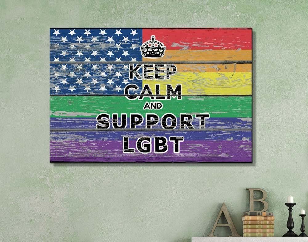 Wall26 - Canvas Prints Wall Art - Keep Calm And Support Lgbt Vintage Rainbow Color Usa Flag On Wood Board - 12'' X 18''