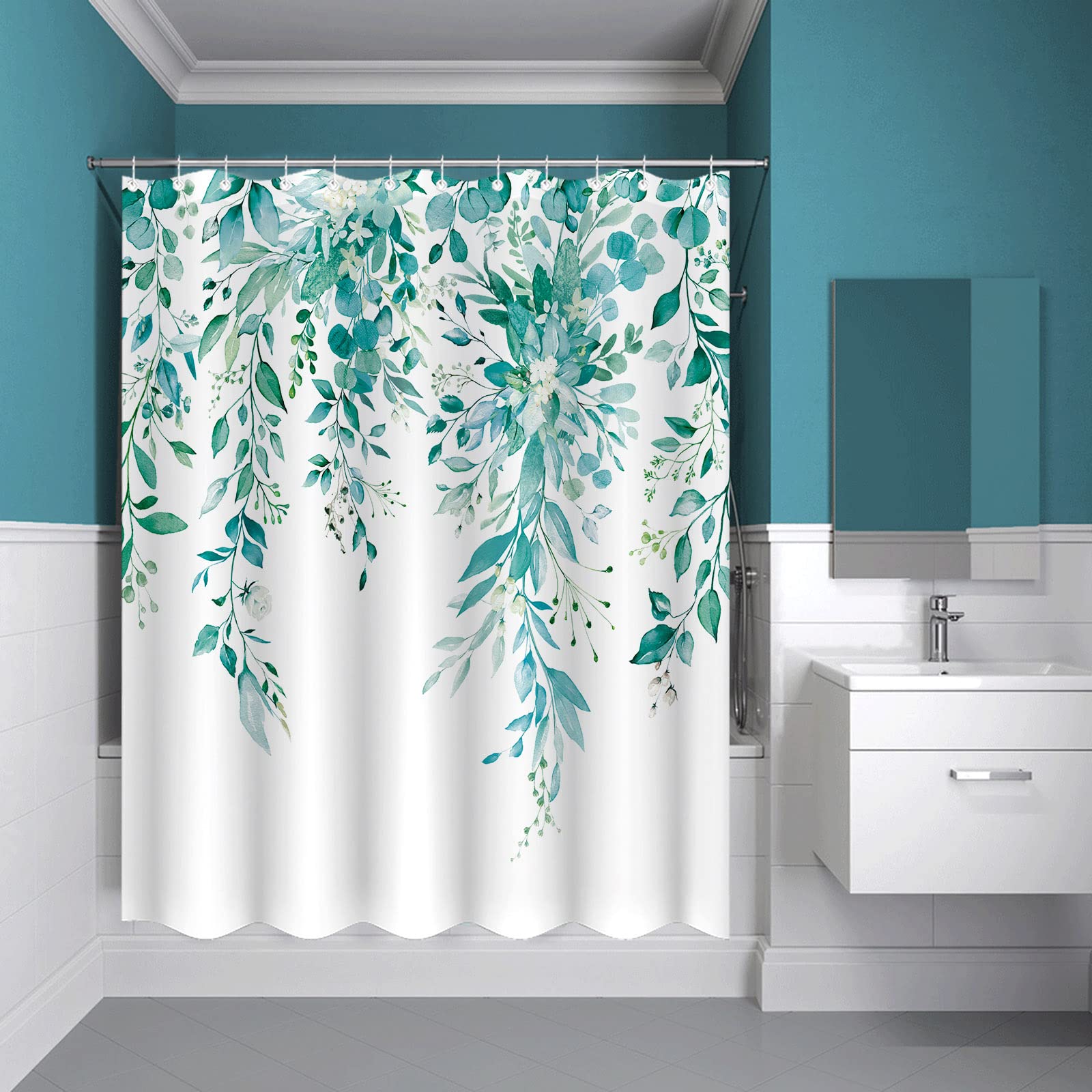 Zussun Teal Eucalyptus Shower Curtain Watercolor Floral Plant Leaf Shower Curtains for Bathroom Botanical Flower Waterproof Fabric Bath Curtain Decor with Hooks (Teal  72'' x 72'')