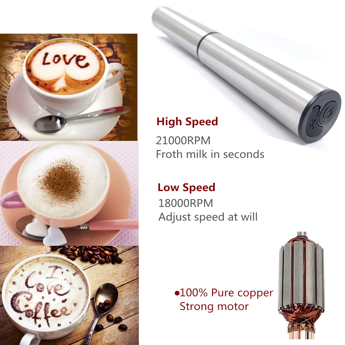 BASECENT Electric Milk/Coffee Frother - Rechargeable Handheld Foam Maker, Stainless Steel, Silver, Ideal for Latte & Cappuccino