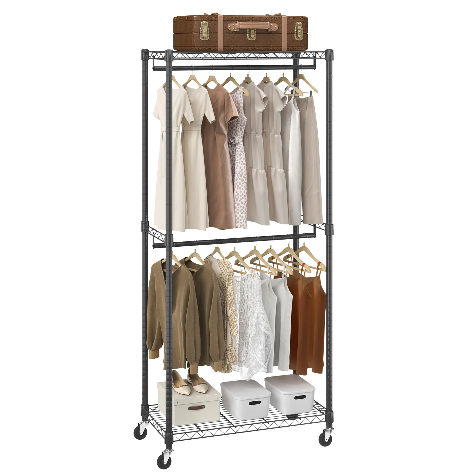Vevor Heavy Duty Clothes Rack, Double Hanging Rods Clothing Garment Rack With Bottom And Top Storage Tier, Rolling Clothing Rack