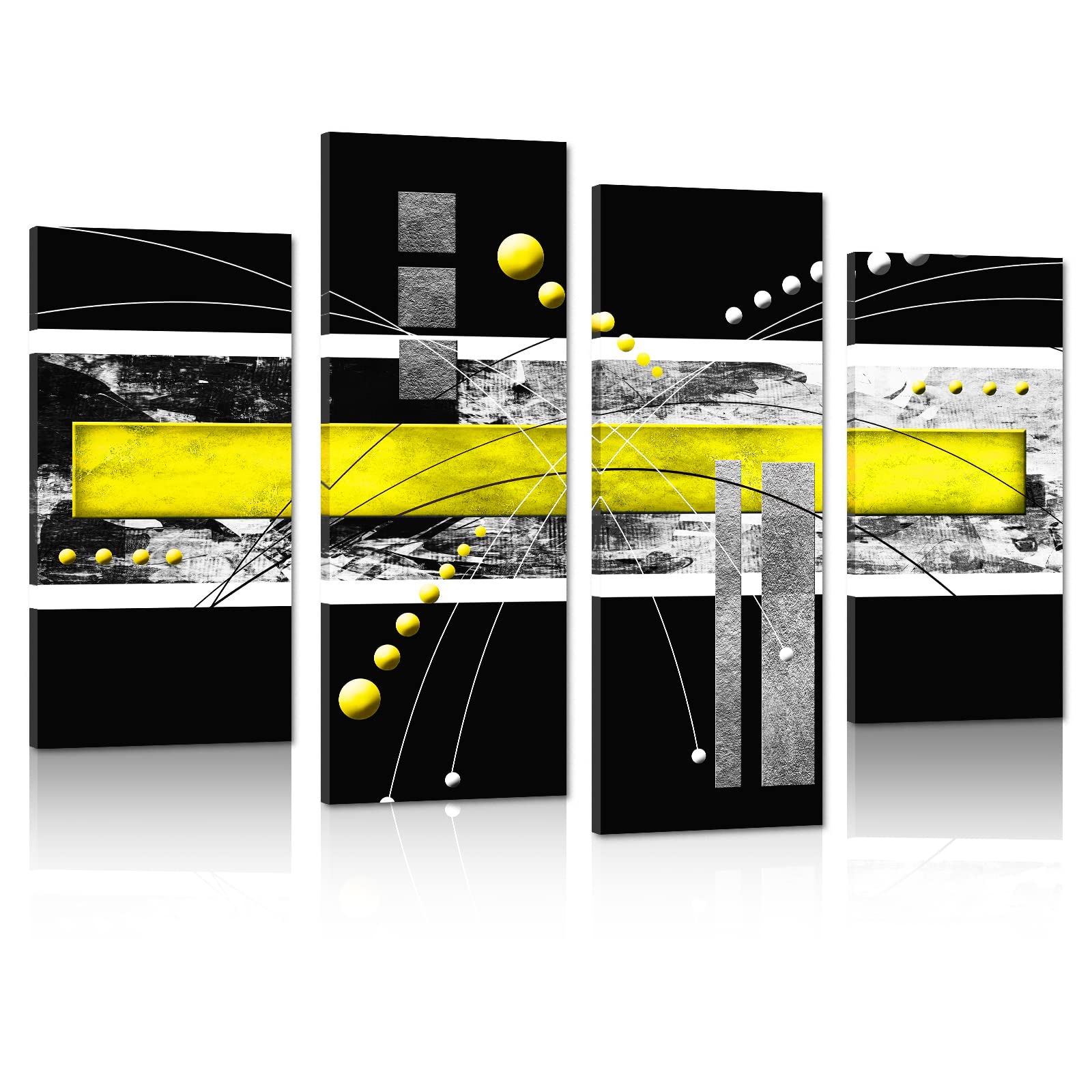 Large Black Yellow Canvas Wall Art - 4 Panels Modern Abstract Picture Set For Home Decoration - Contemporary Painting Artwork Re