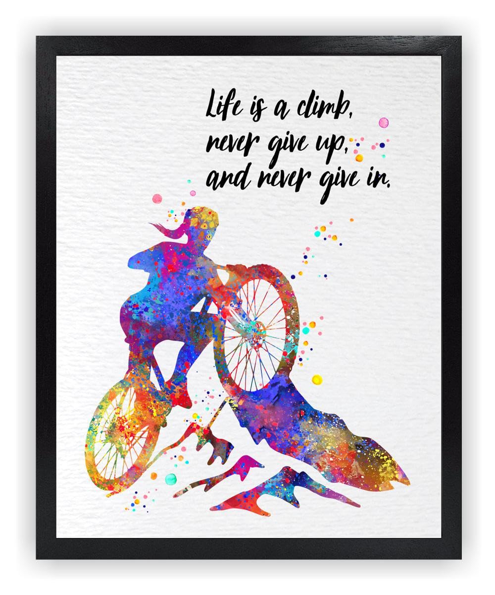Dignovel Studios 8X10 Unframed Mountain Bike Hiking Life Is A Climb Never Give Up Woman Girl Inspirational Quotes Watercolor Art