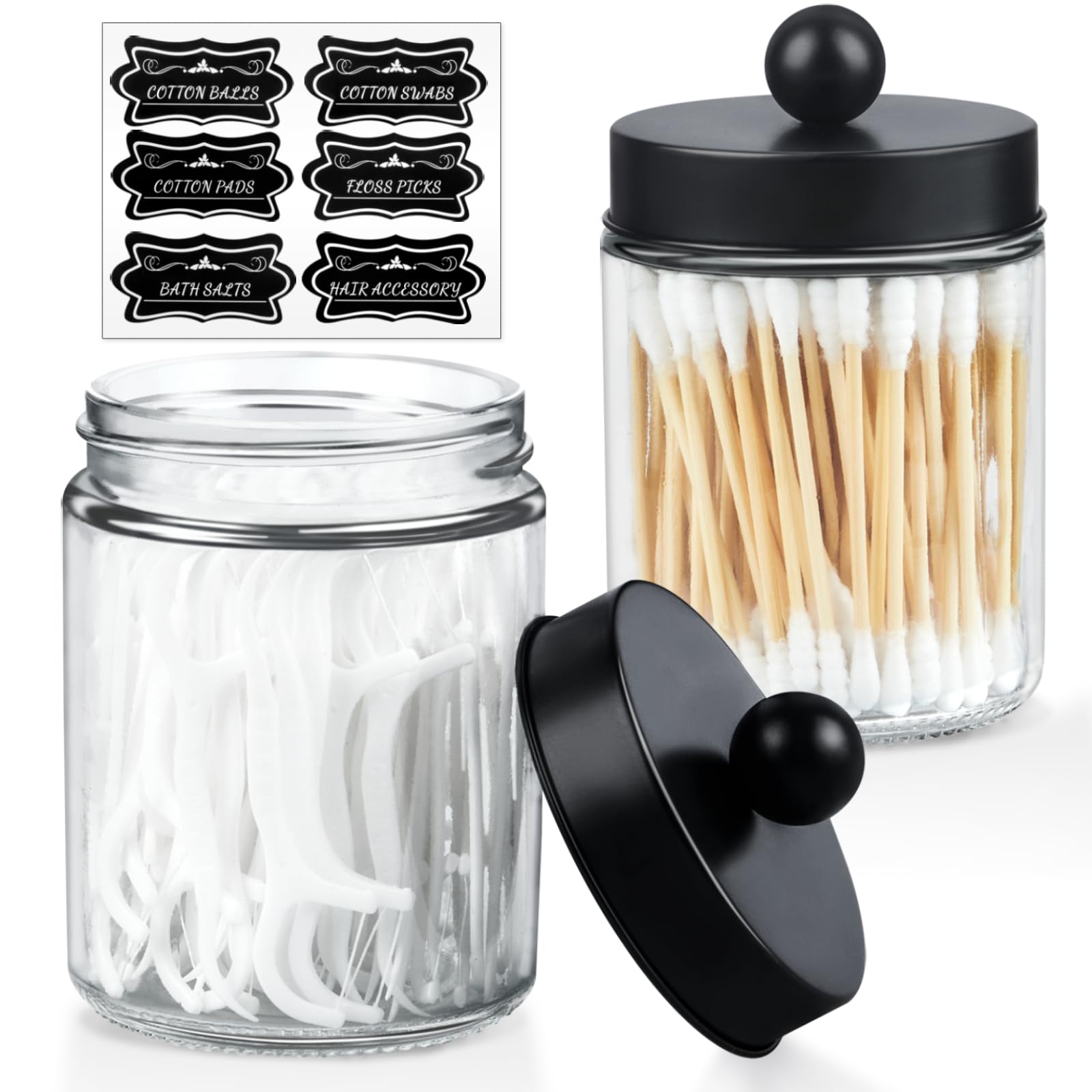 2 Pack Glass Apothecary Jars With Lids And Labels - Bathroom Counter Storage Jars, Qtip Holders Vanity Countertop Canisters (Cle