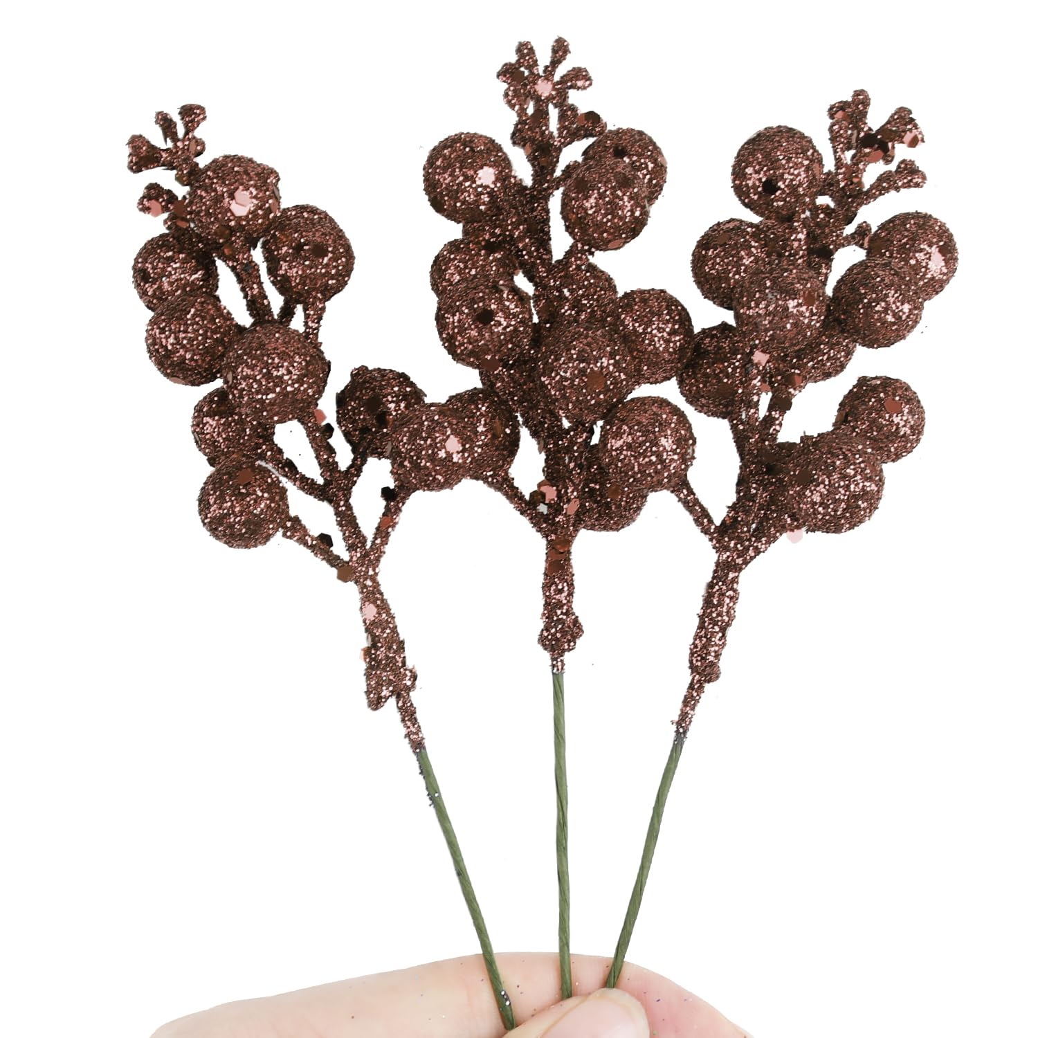 DIYASY Glitter Berry Stems for Christmas Tree Ornaments,20Pcs Brown Picks and Sprays Artificial Branches Xmas Tree Filler Holida