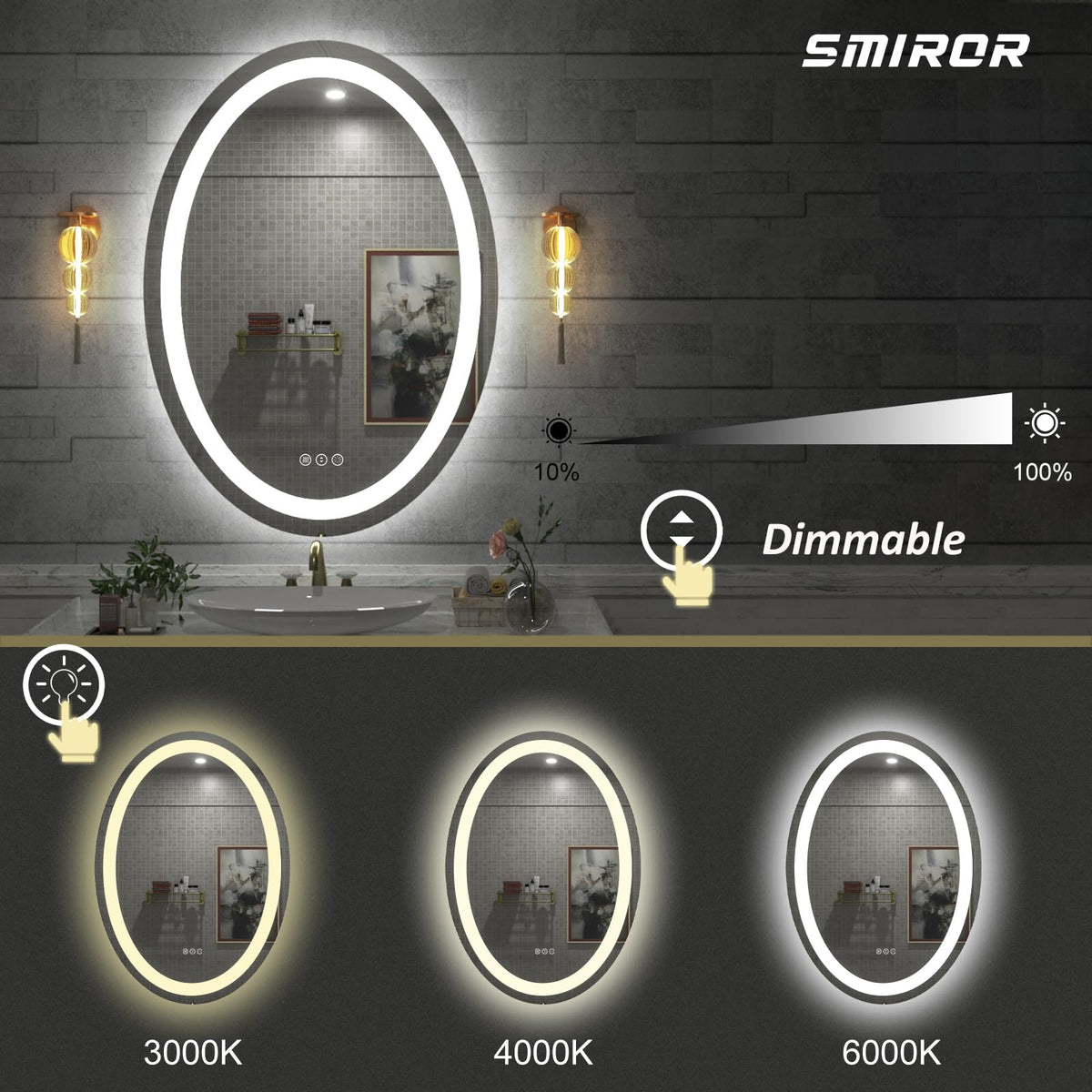Smiror Oval Led Bathroom Mirror 24X36, Lighted Vanity Mirror For Wall ...