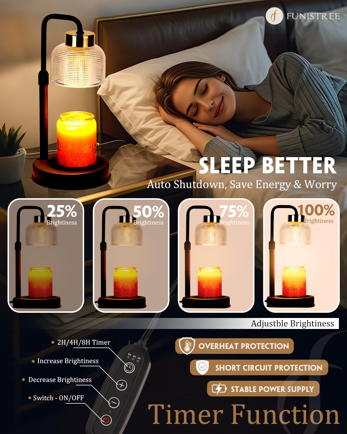 Funistree Candle Warmer Lamp - Dimmable Brightness, Timer, Black & Gold, Glass - Ideal Housewarming & Christmas Gift for Women & Moms
