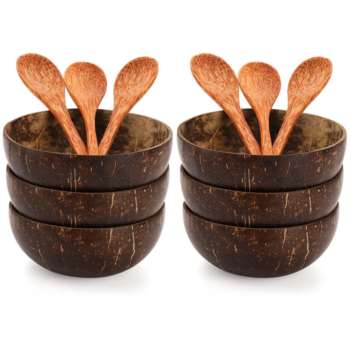 Zenfun 6 Pack Wood Bowl, Coconut Bowls With 6 Wooden Spoon, 15 Oz Polished Coconut Bowls, Natural Coconut Shell Bowls Set For Ve