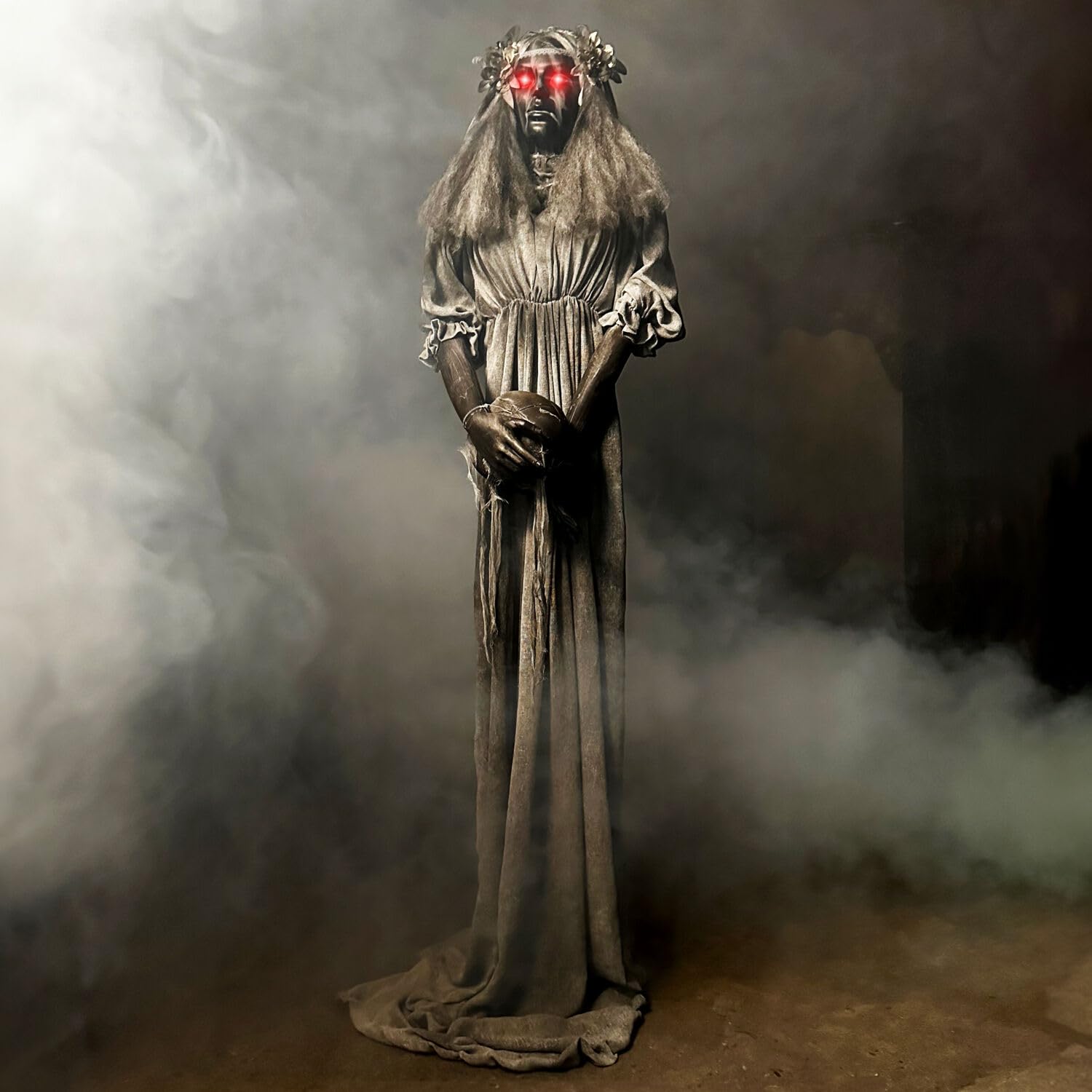 Haunted Hill Farm Lifesize 5.5-Ft Animatronic Scary Haunted Lady Statue with Touch Activated Lights and Sound, Battery-Operated