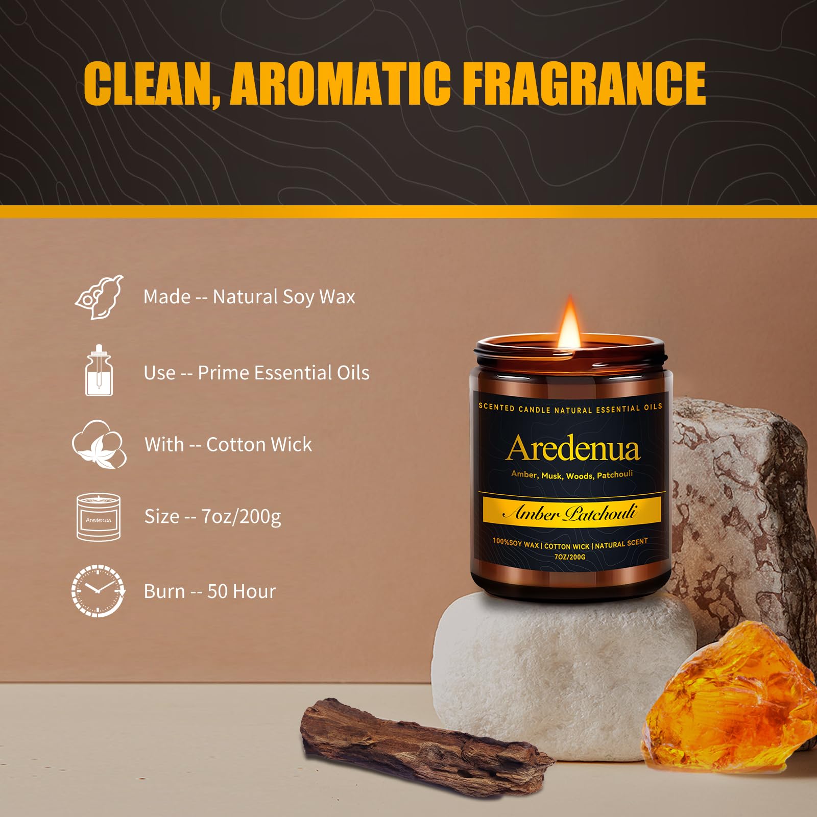 Amber Patchouli Candle - Masculine Candles for Men, Soy Candles with Warm Amber & Earthy Patchouli Aroma, Long Lasting Manly Sce