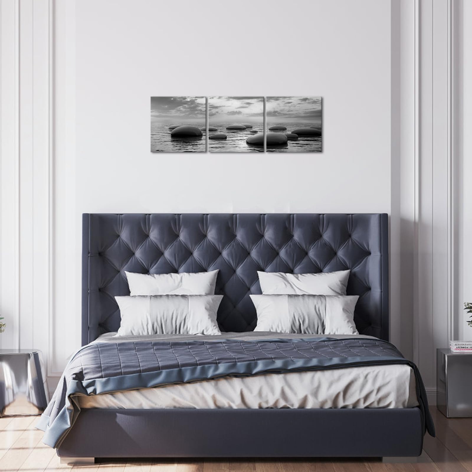 Hello Artwork 3 Panels Black And White Sea Rock Stone Zen Wall Art Seascape Painting Pictures Print For Home Office Bedroom Bath