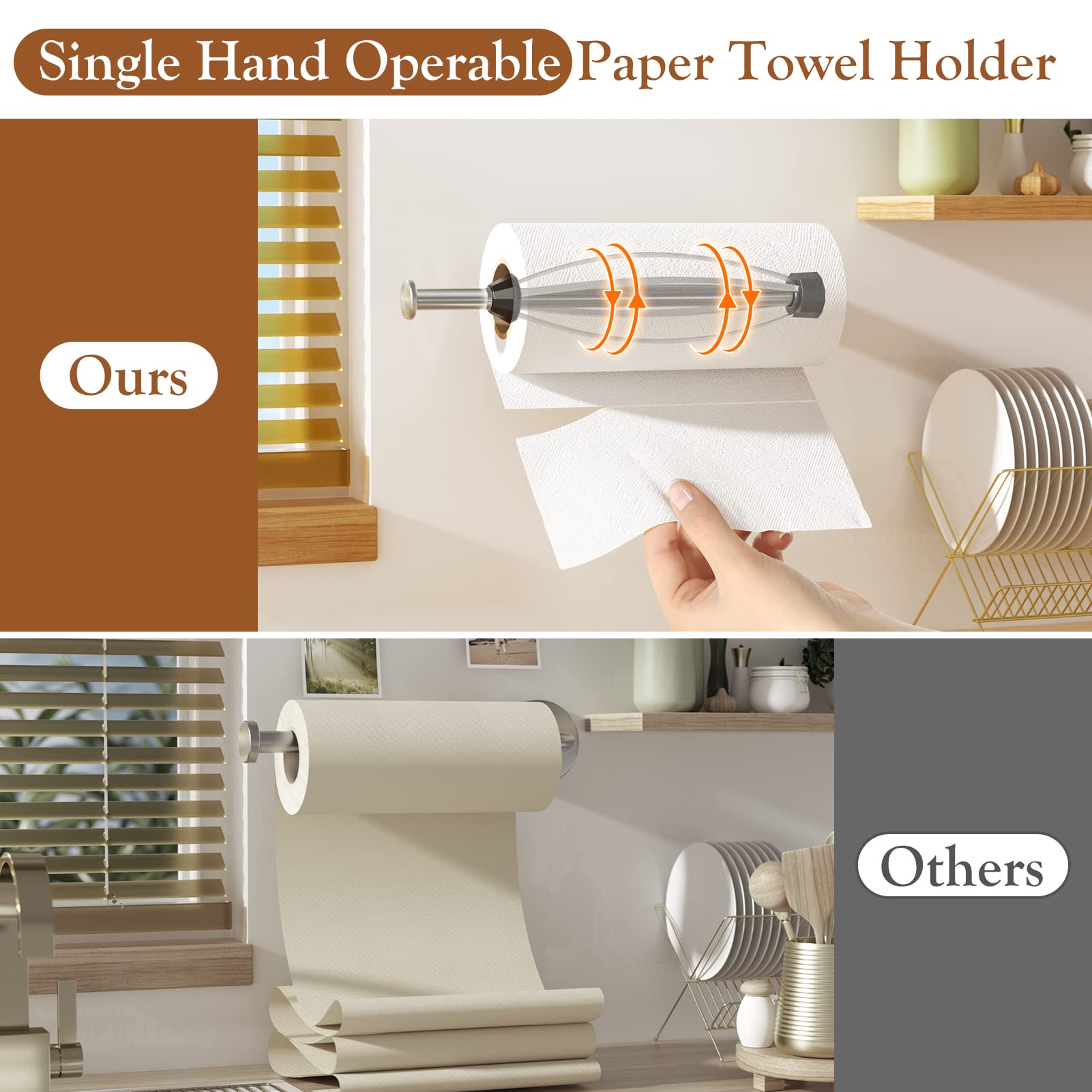 Paper Towel Holder Under Cabinet + Towel Robe Hooks, Single Hand Operable Under Cabinet Paper Towel Holder With Damping Effect A