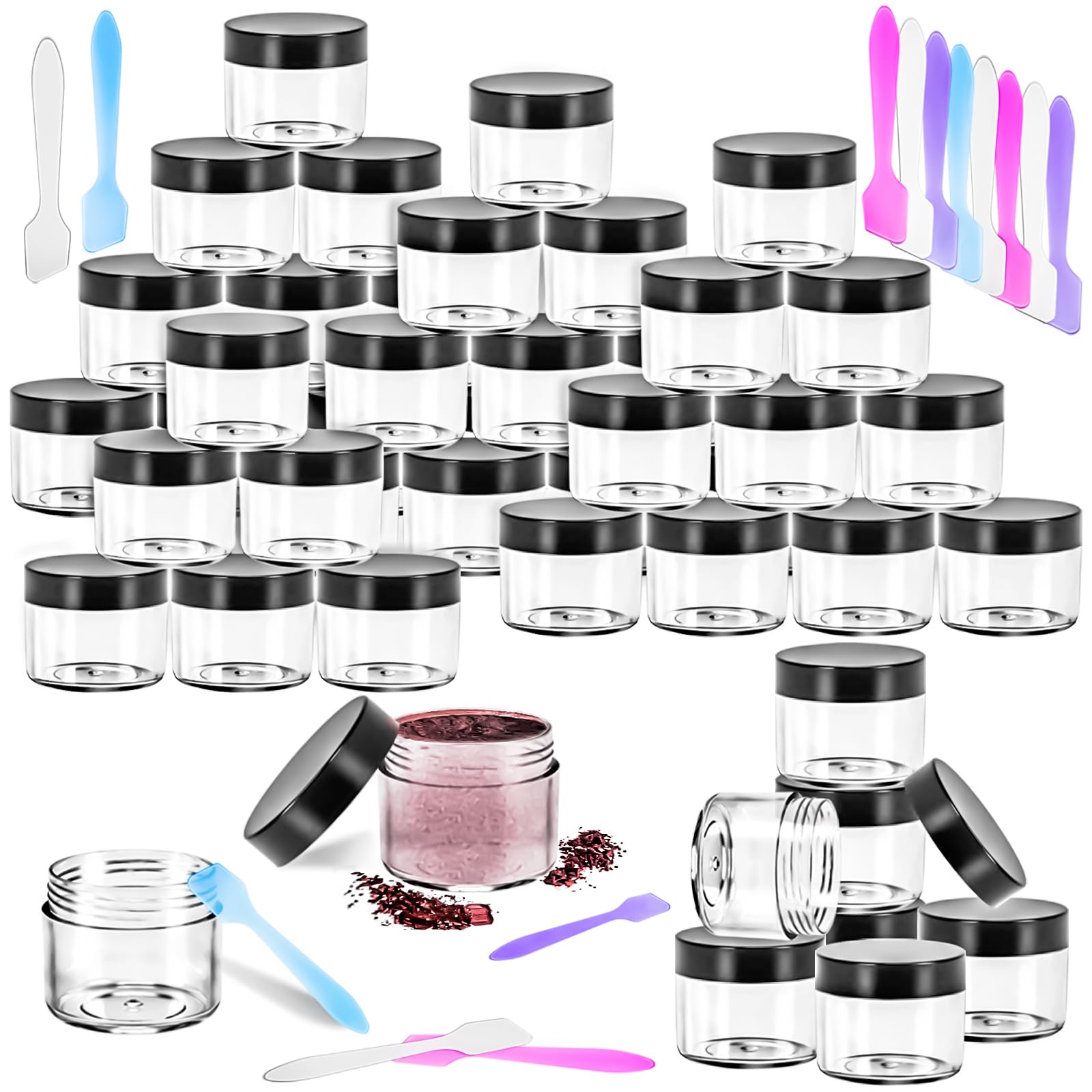 Motbach 35 Pcs 20G Empty Plastic Containers With Black Lids,Small Makeup Sample Containers,0.7Oz Small Sample Pot Jars Round Tra