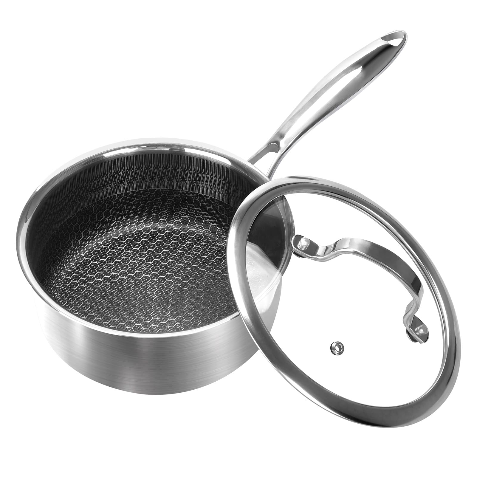 Cbyjk 2 Quart Nonstick Saucepan With Glass Cover, Stainless Steel Induction Sauce Pan With Honeycomb Carving, NonStick Sauce Po