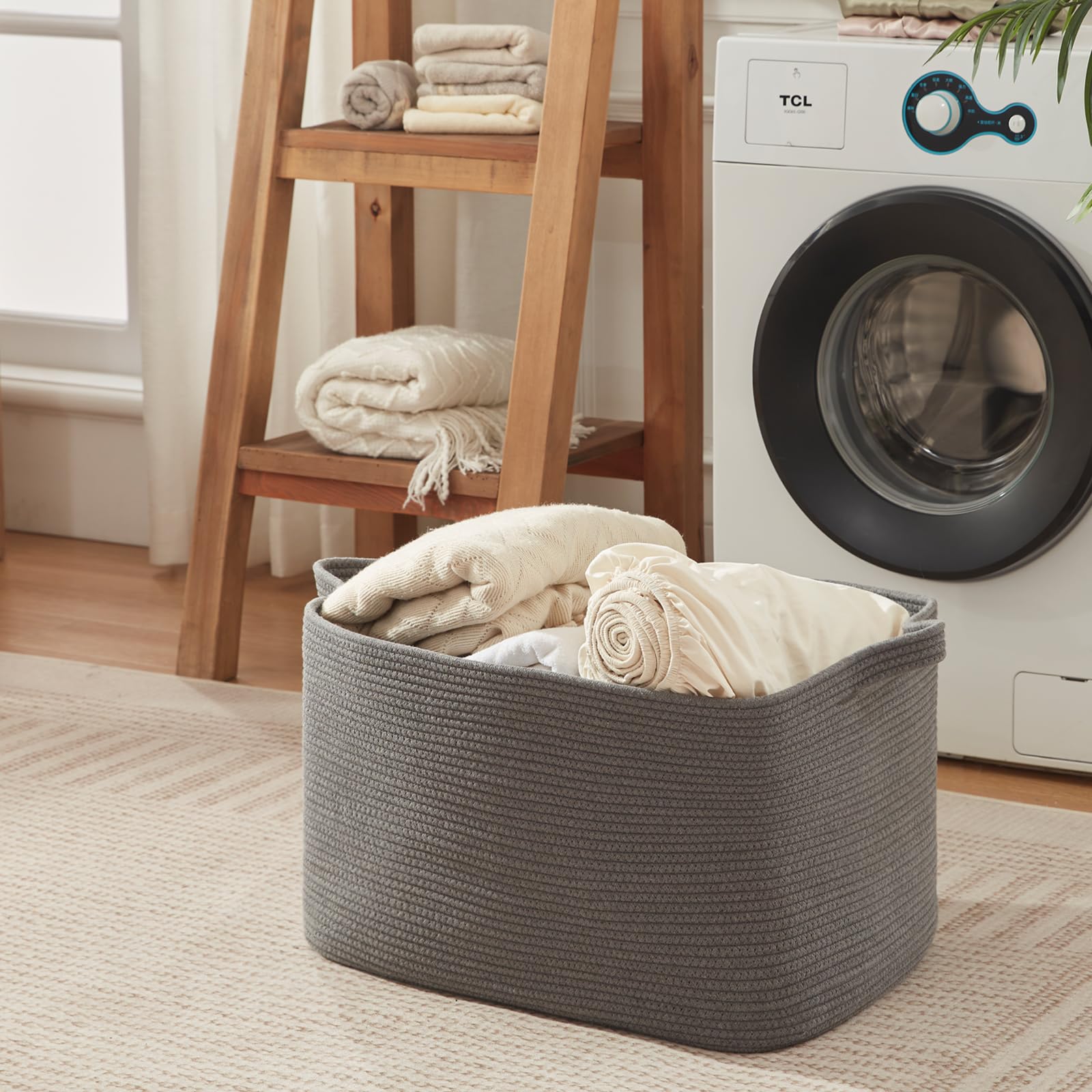 Oiasket 108L Laundry Basket For Storage, 24.8''L X 16.2''W X 16.2''H Extra Large Blanket Basket, Rope Storage Basket For Living