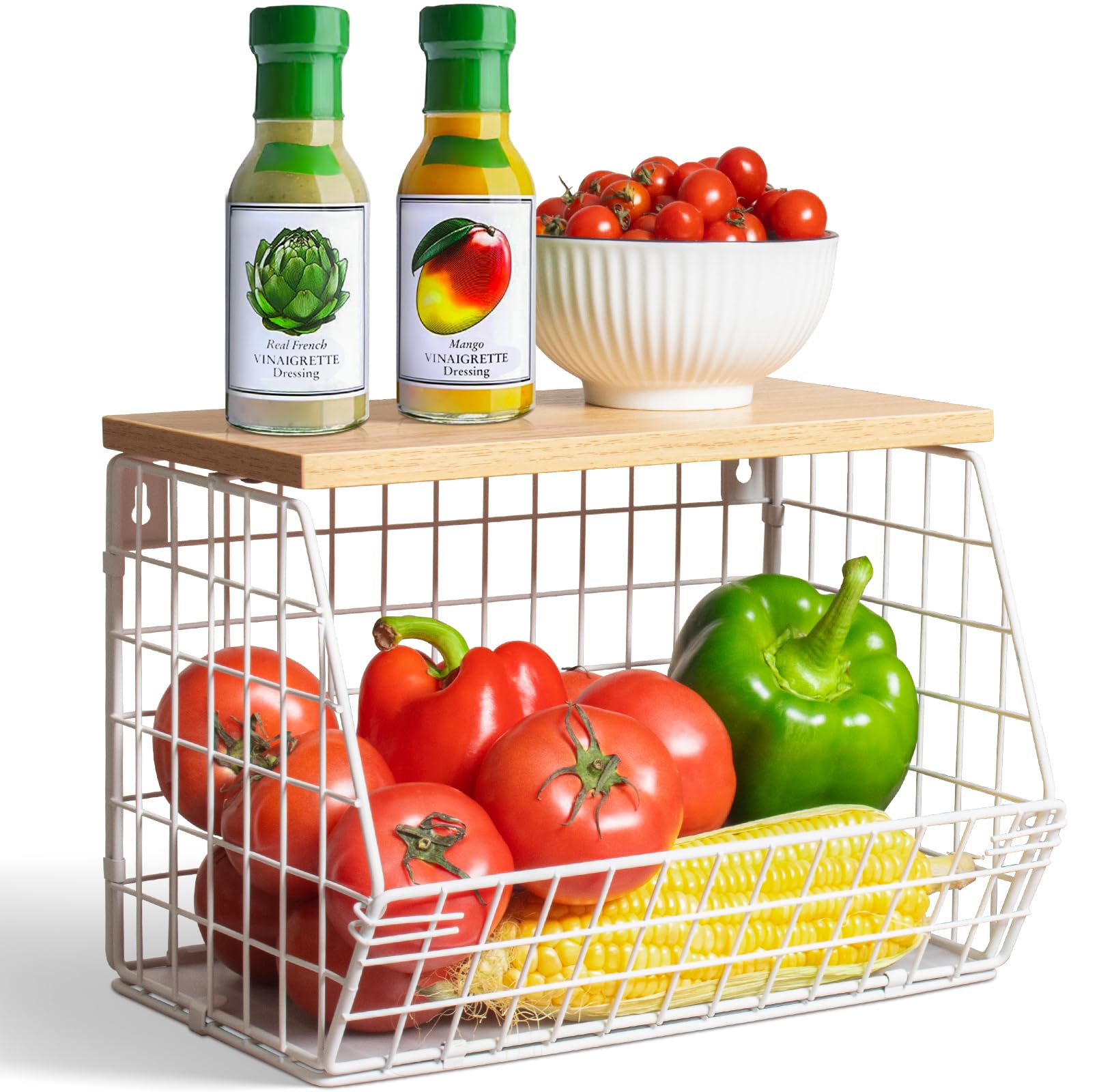 White Fruit Bowl Wire Basket Storage Pantry Fruit and Vegetable Storage Fruit Basket for Kitchen Counter Stackable Wall Mounted 