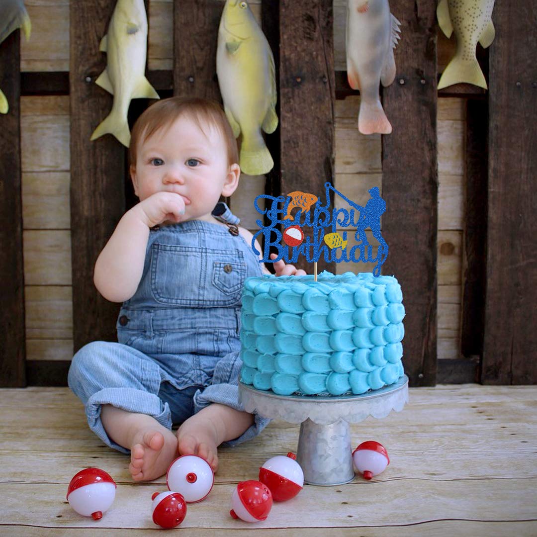 Glorymoment Fishing Cake Toppers Birthday, Glitter Blue Bobber Cake Topper, Fisherman Cake Topper Birthday Fishing Themed Party
