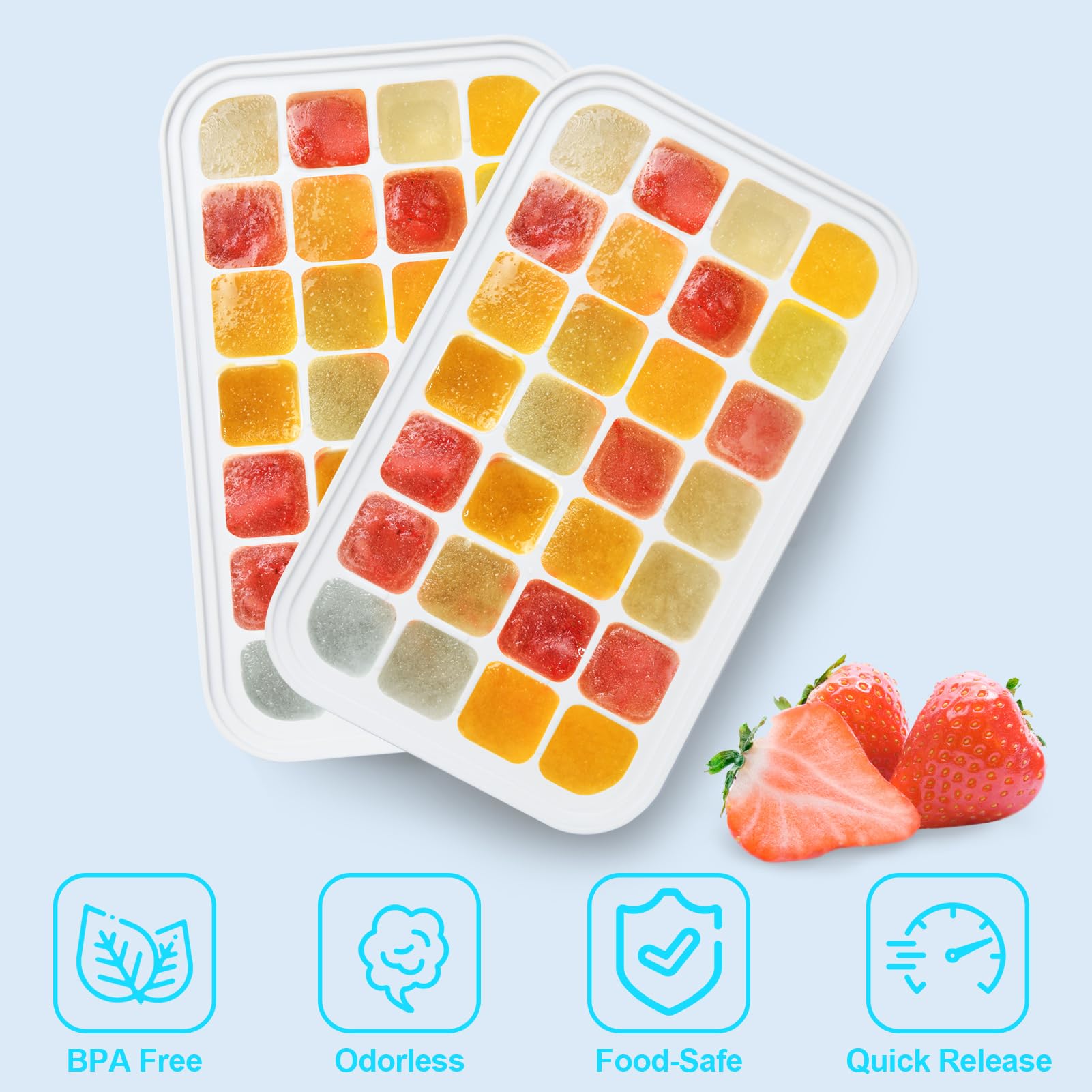 Ice Cube Tray With Lid And Bin, 2 Pack Silicone Ice Cube Trays For Freezer, 56-Ice Trays For Freezer,Ice Cube Molds, Bpa Free, L