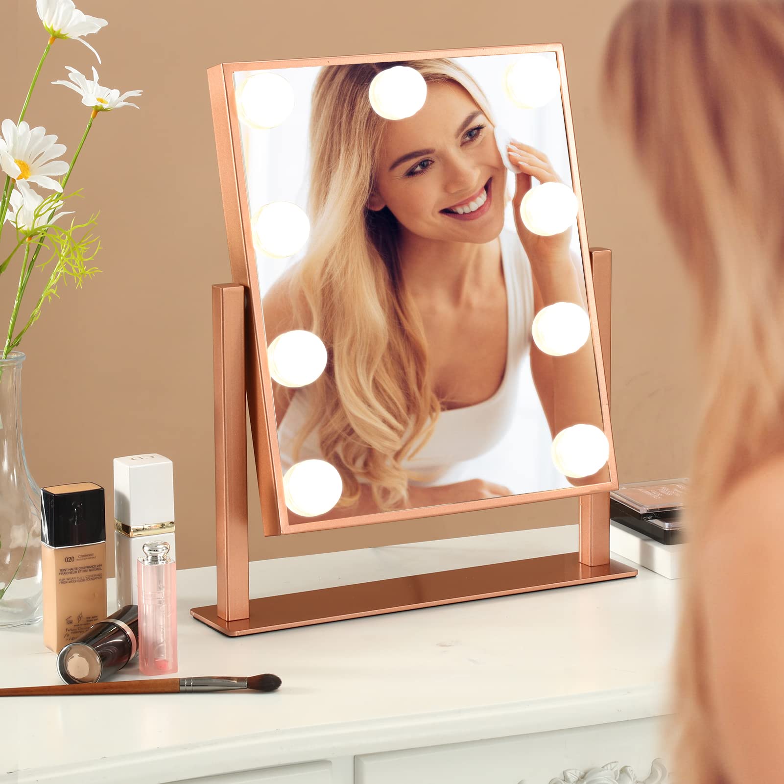 Bwllni Makeup Mirror With Lights, Hollywood Mirror Lighted Vanity Mirror With 9 Led Bulbs, Touch Control Design 3 Colors Dimmabl