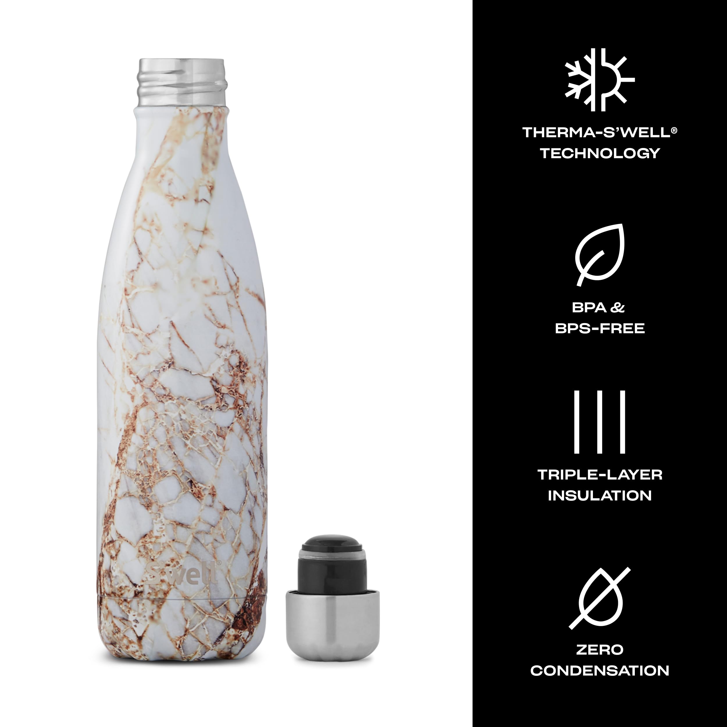 S'Well Stainless Steel Water Bottle, 17Oz, Calacatta Gold, Triple Layered Vacuum Insulated Containers Keeps Drinks Cold For 36 H