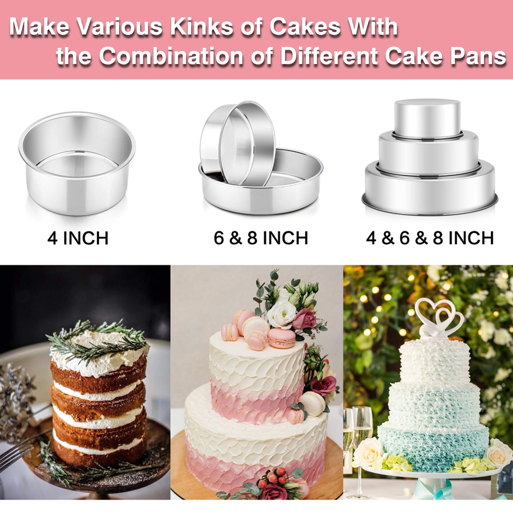 P&P Chef Cake Pan Set (4    & 6    & 8   ), Round Baking Layer Cake Pans, Stainless Steel Leakproof Bakeware Cake Tin For Birthd