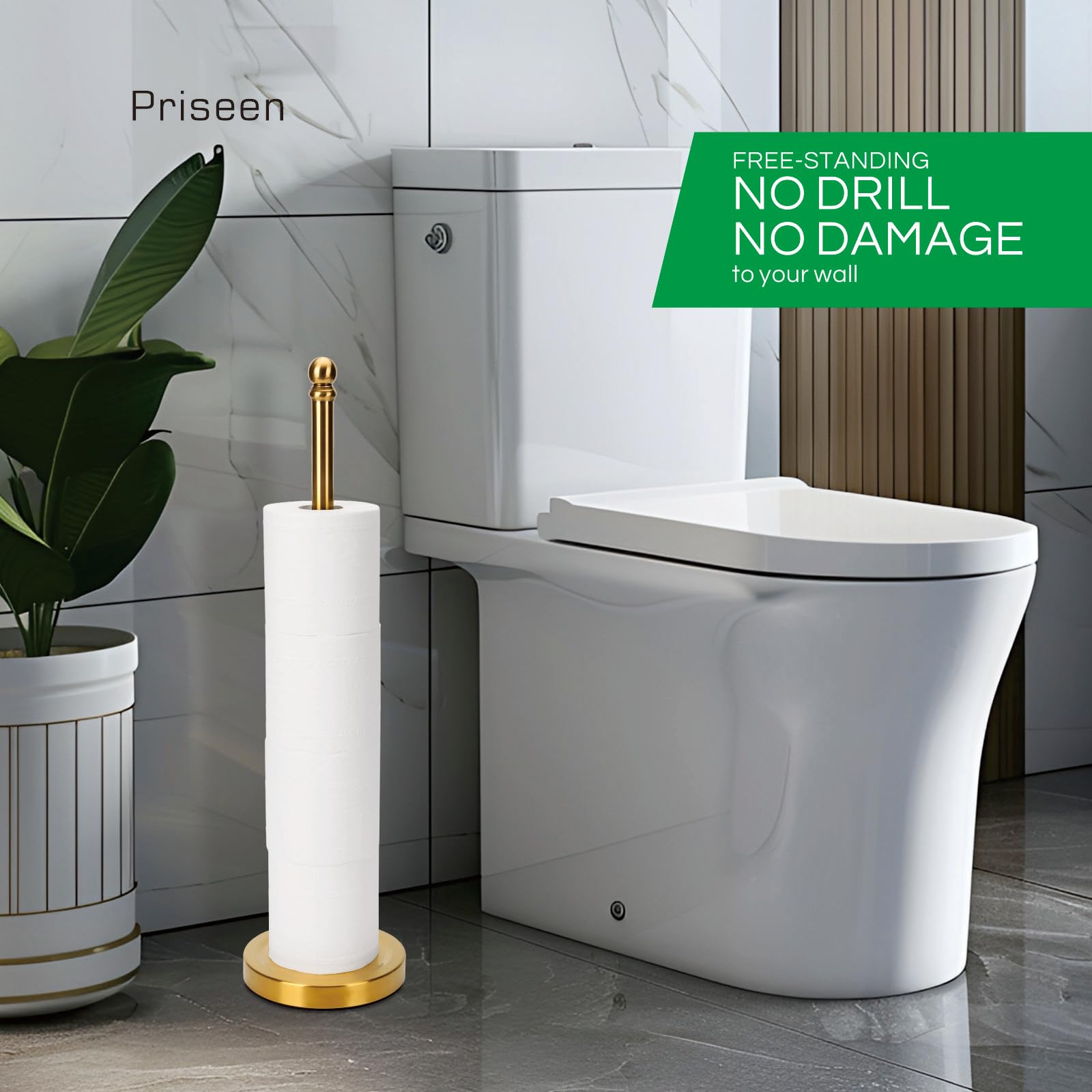 Priseen Toilet Paper Holder Stand Storage 5 Paper Rolls, Gold Freestanding Tp Roll Holder, Stainless Steel (Gold)