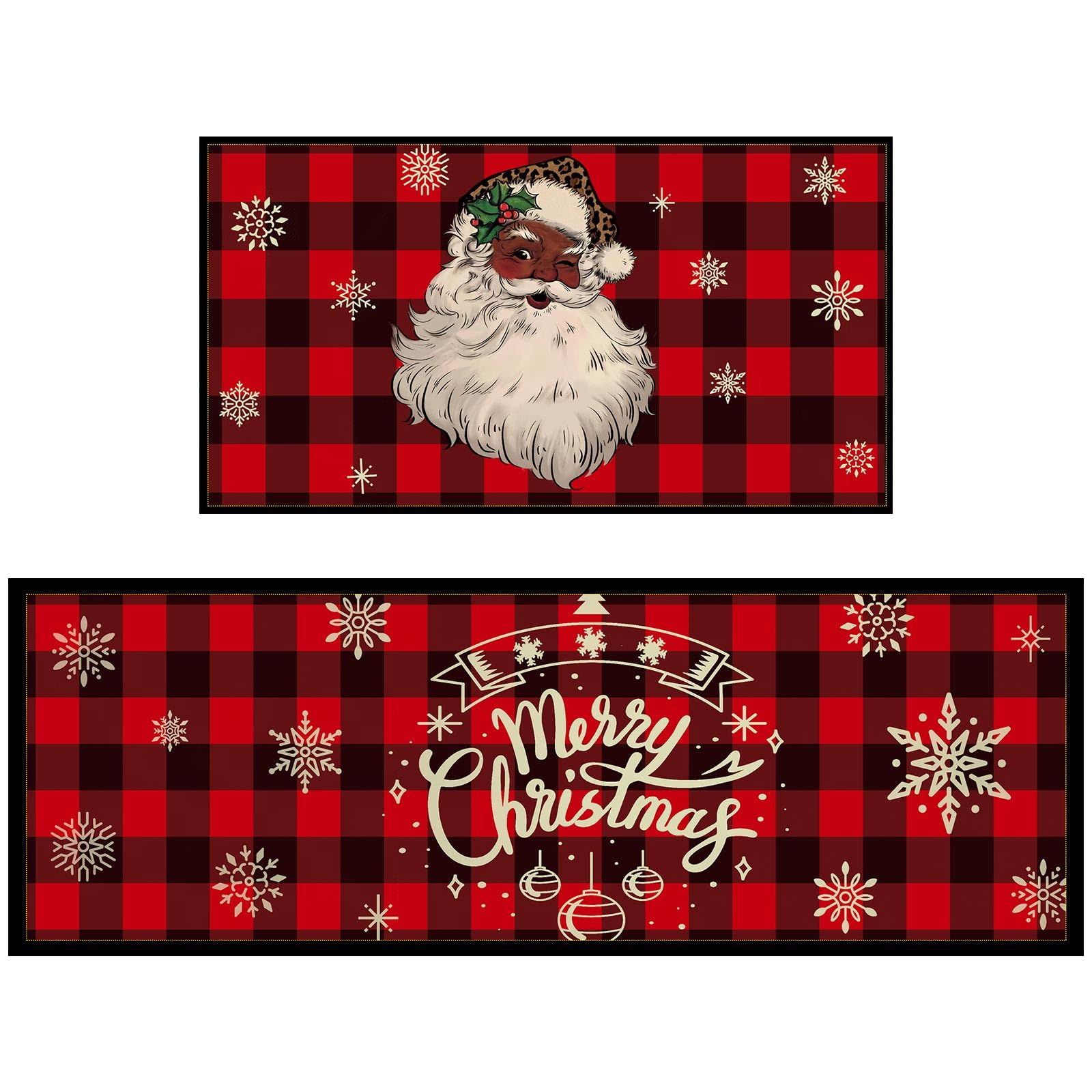 2 Set Christmas Kitchen Rugs Santa Claus Kitchen Rugs Xmas Red Black Buffalo Plaid Snowflake Floor Mat Non Slip Washable Rubber 
